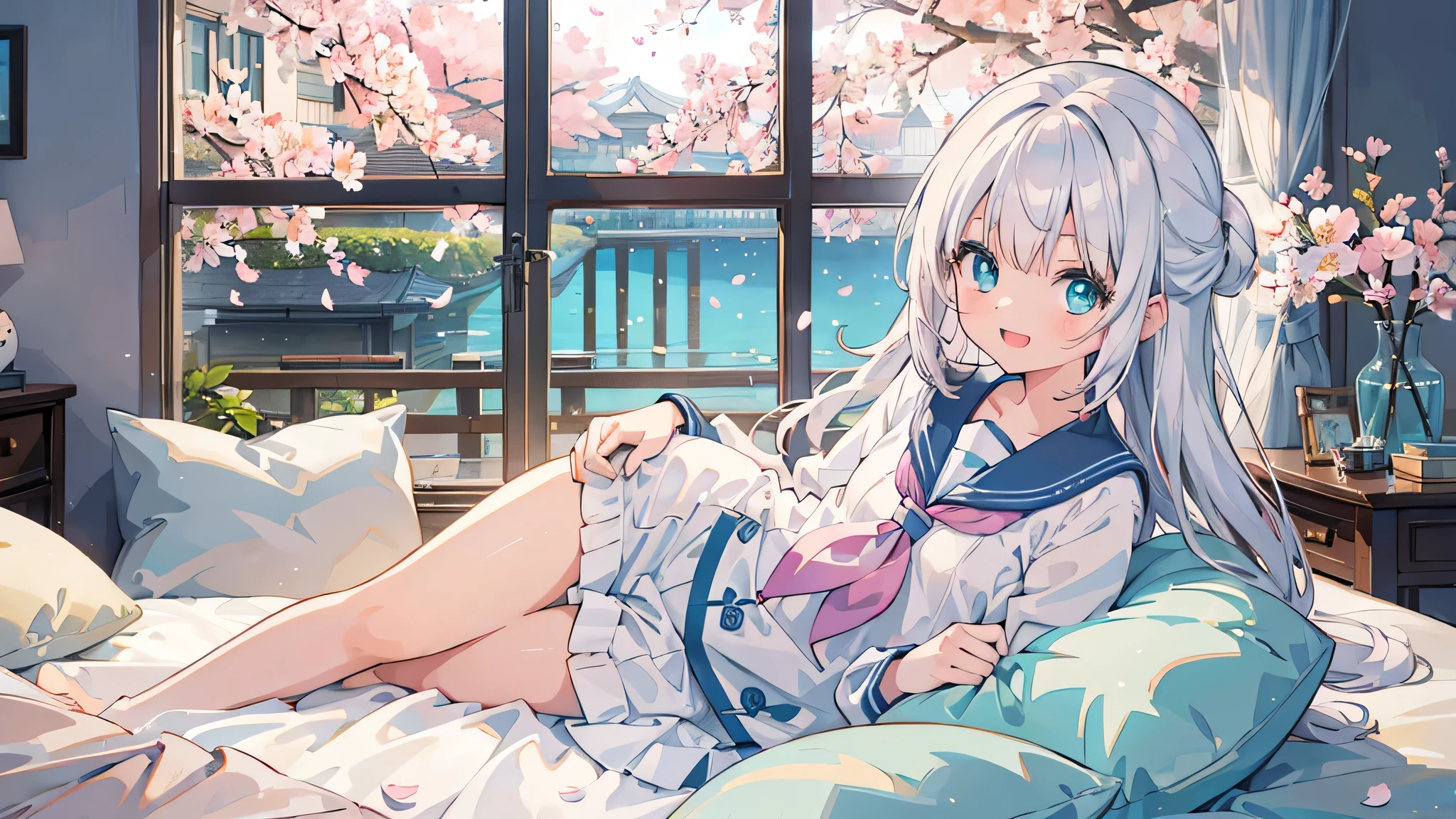 (masterpiece), floorroom,floor,With the window open, Cherry blossoms bloom outside the window, petal, light particles, Upper body, 1 girl, sailor, curls, Floating hair, Smile, sitting, open mouth, light particles, silver hair, aqua eyes, looking at the audience, Face focus