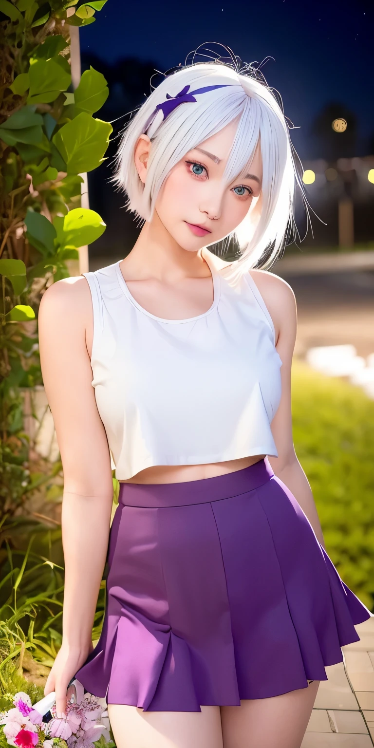 realistic, 1girl, white hair, purple eyes, glowing eyes, crop top, skirt, parted lips, blush, night, flowers, sun, sunlight,