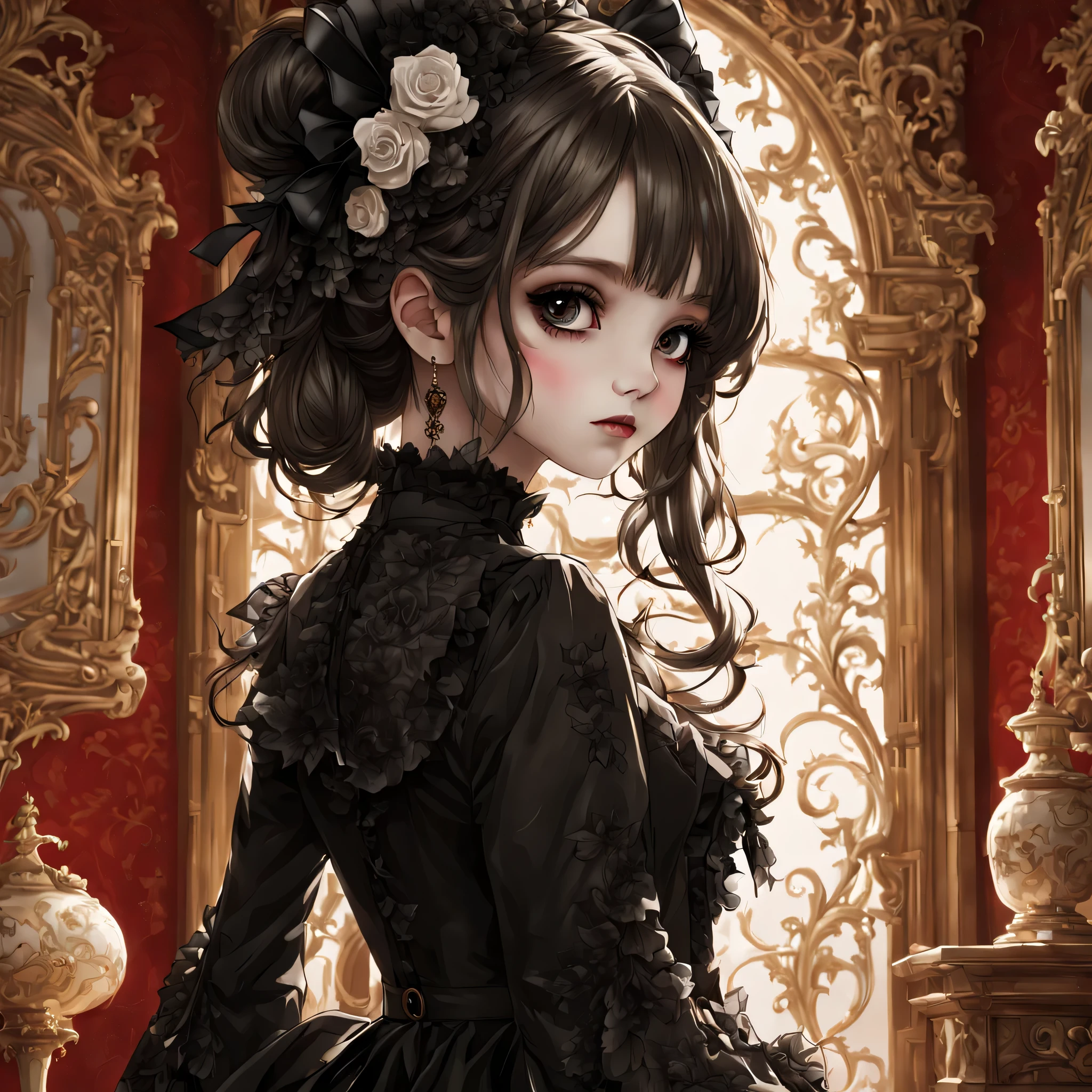 Gothic horror masterpiece,((Beautiful girl standing:Gothic Lolita:12 years old:Temporary:beautiful girl:cute:adorable)),gothic house,look back,black and white,そのadorable少女の正体は家族を皆殺しにする殺人鬼です,Famous events made into movies,scary but beautiful,Gothic Beauty,expressing beautiful madness,Shrouded in mystery,美しいgothic houseに惨劇を予感させる暗雲を配置する,can&#39;don&#39;t believe her&#39;The culprit is.,be familiar with,Use red as an accent color,race,embroidery,detailed pattern,rendering,Designer House,luxury house,nice,quiet,beautiful light and shadow,gothic room