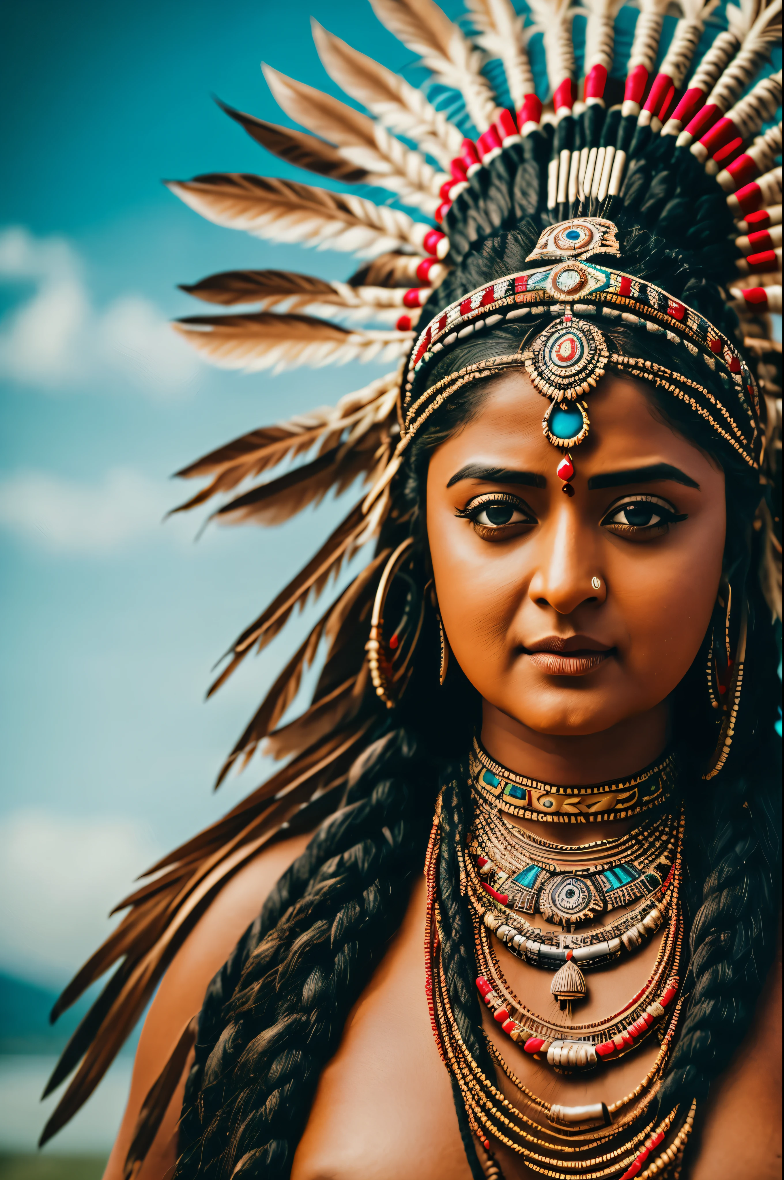 Foto RAW, looks like Anushka Shetty with realistic Indian headdress , tribal girl, stunning looks, tribal headdress, tattoos, colourful tribal tattoos, tribal white girl, Polynesian tribe, best quality , best cinematic colour grading, detailed lighting,  high resolution  , (pele altamente detalhada: 1.2), 8k UHD, DSLR, soft-lighting, alta qualidade, grain of film, Fujifilm XT3