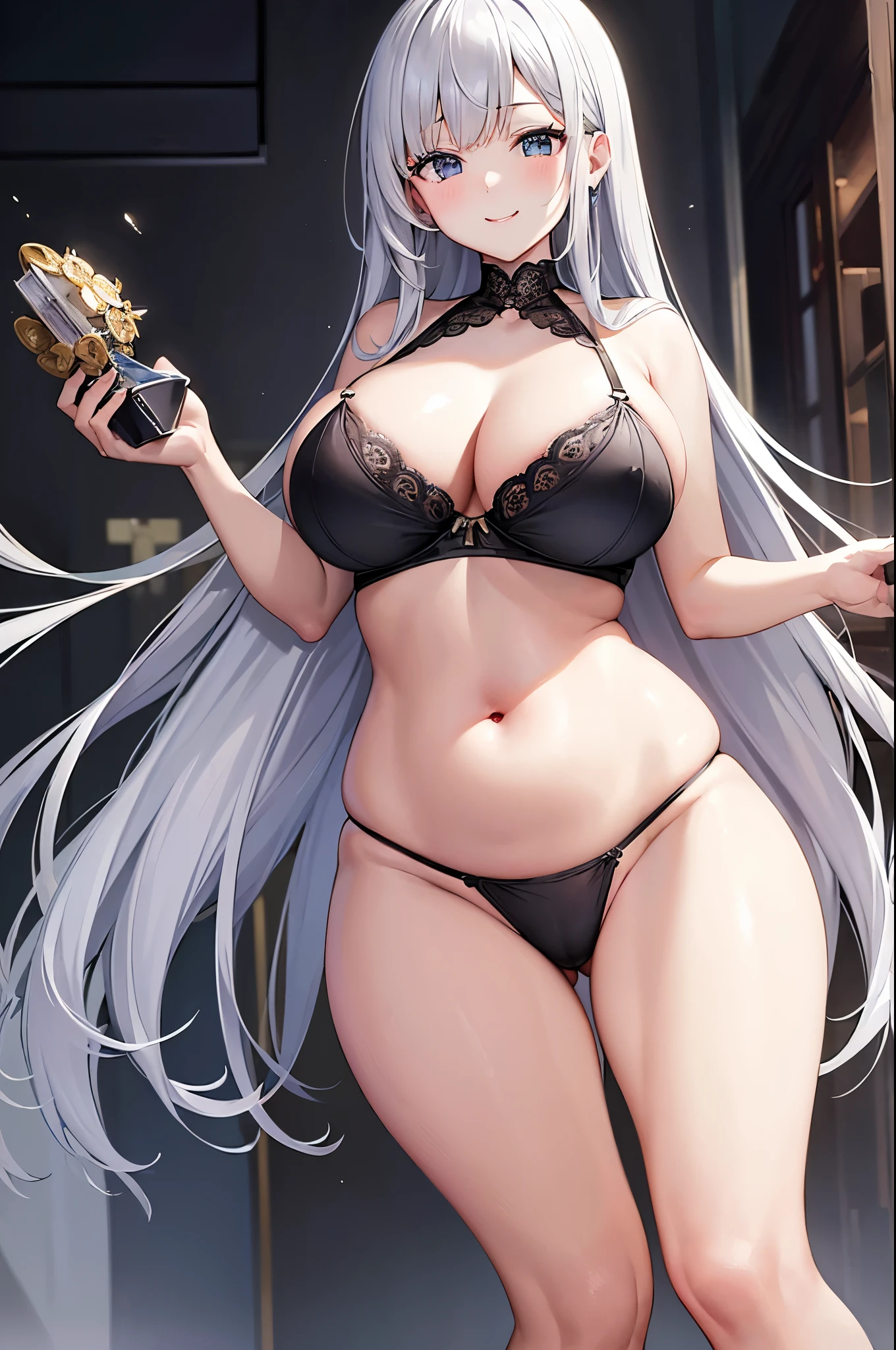 masterpiece,high resolution、((alone))、((Fleet Collection愛宕))、(((Fleet Collection)))、big breasts、white skin、black underwear、black bra、NSFW、plump thighs and stomach、Standing and staring at me、bewitching smile