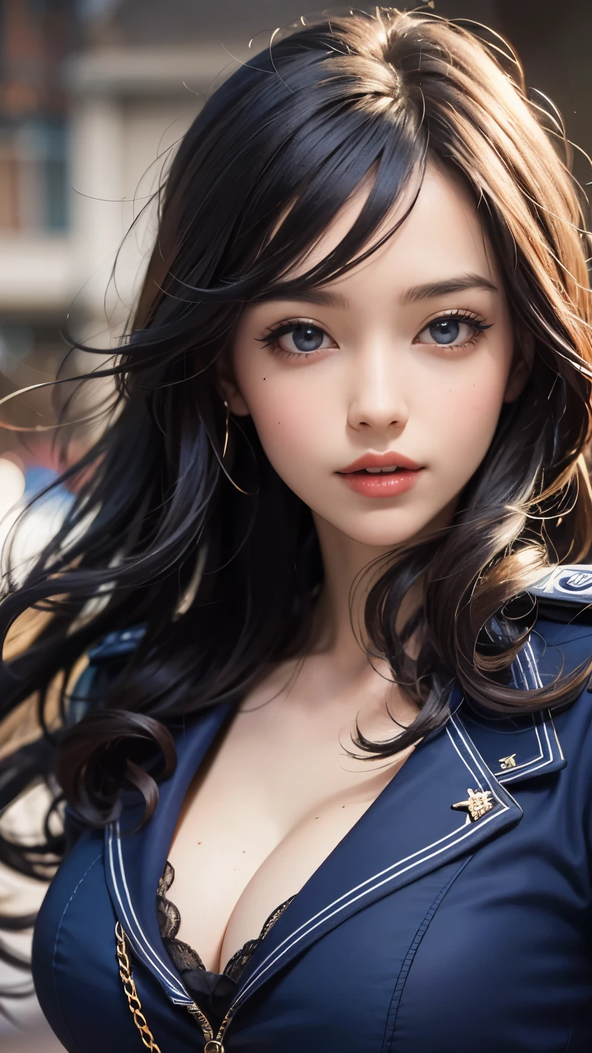 (UHigh resolution, retina, masterpiece, Accurate, Anatomically correct, Textured skin, Super detailed, Attention to detail, high quality, 最high quality, High resolution, 1080P, High resolution, 4K, 8K, 16K), (美しいAttention to detail目, Beautiful lip detail, Highly detailed eyes and face), Studio Lighting, Physically Based Rendering, Vibrant colors, (Large Breasts, Glamorous Body), (Royal Blue Color, navy uniform coat, class seal:1.5), (hunting:1.2), Business shirts, gloves, (Portraiture, Shiny Hair, Shiny skin, blush, Hair blowing in the wind), (Simple Background, Bokeh:1.5), Eye Reflexes, Jet Black Hair,