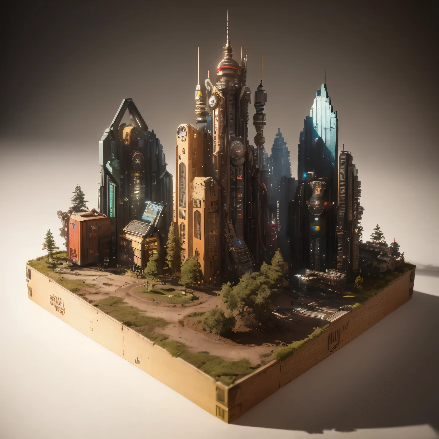 3598年Mars realistic model, (split ends, original photo, best quality, masterpiece:1.4),Steampunk Cyberpunk 6820 City,(CyberpunkMars light:1.3), Mars (related to land),(in a small nature box:1.3),Isometric, small nature, landscape on foundation,landscape,