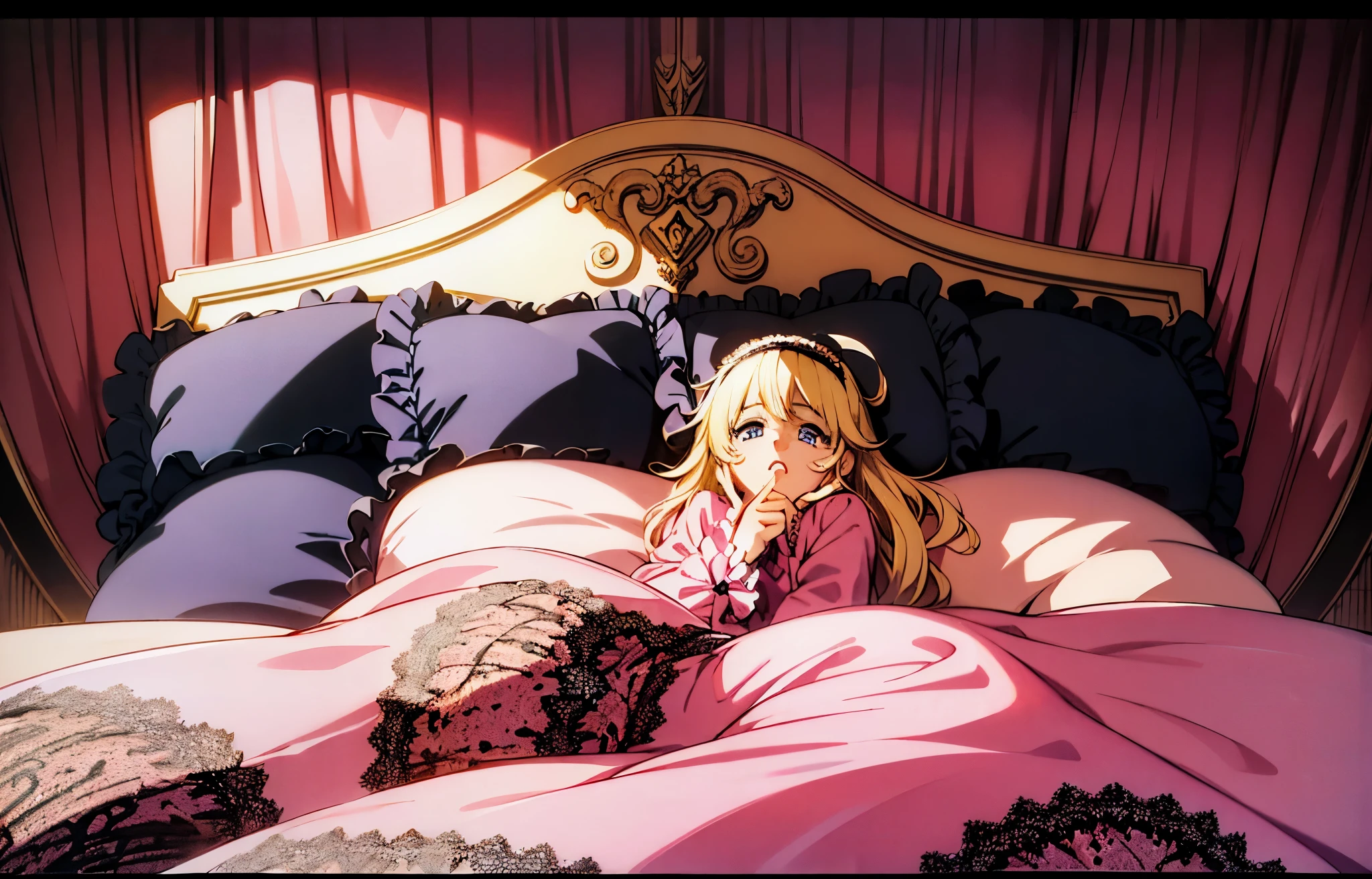 ,highest quality, masterpiece, highest resolution, artwork, super それにget used to it, many get used to it, get used to it, それにget used to it, 3K anime illustration,(( 10 year old girl)),Super detailed baby face,high quality small face,long blonde hair,blue eyes,白い肌のeuropean,pajamas, european,curly hair,blue eyes,((((ピンクのロリータファッションのlong skirtのワンピースドレス)))),((フリルとリボンがたっぷりついたピンクの可愛らしいpajamas)),((Luxurious pink headdress with frills and ribbons)),((((black ruffles and lace)))),detailed headdress,,(((big yoke collar))),Yoke collar with ruffles and ribbons,((((long sleeve)))),ruffle sleeves,((((long skirt)))),pink and black pillow with large ruffles and ribbons,(((Nice pink outfit))),豪華なcanopy bedの上,canopy bed,The bed is surrounded by luxurious curtains,Many pink and black frilly pillows on the bed,Behind the girl are many pink and black frilly pillows..,super detailed background,detailed bed,((((pink futon with black lace and frills)))),soft pink comforter,Highly detailed soft ruffle pillow,Beautiful girl illustration,detailed beautiful face,thin hair,detailed eye ,detailed eyes,detailed mouth, arm details,fine hands,Detailed pillow,wide bed,Illustration on the bed, ,((((round futon)))),((((A large pink futon that covers the entire bed)))),detailed comforter,detailed bedシーツ,Before bedtime,romantic atmosphere,palace bedroom,((((The lower half of my body is hidden under a large futon....)))) The girl is leaning on a pile of pillows, ,((((round futon)))),((((Large pink ruffle comforter with black ruffles and lace covering the entire bed)))),looking at me with contempt,Holding both hands,putting both hands close to the mouth,