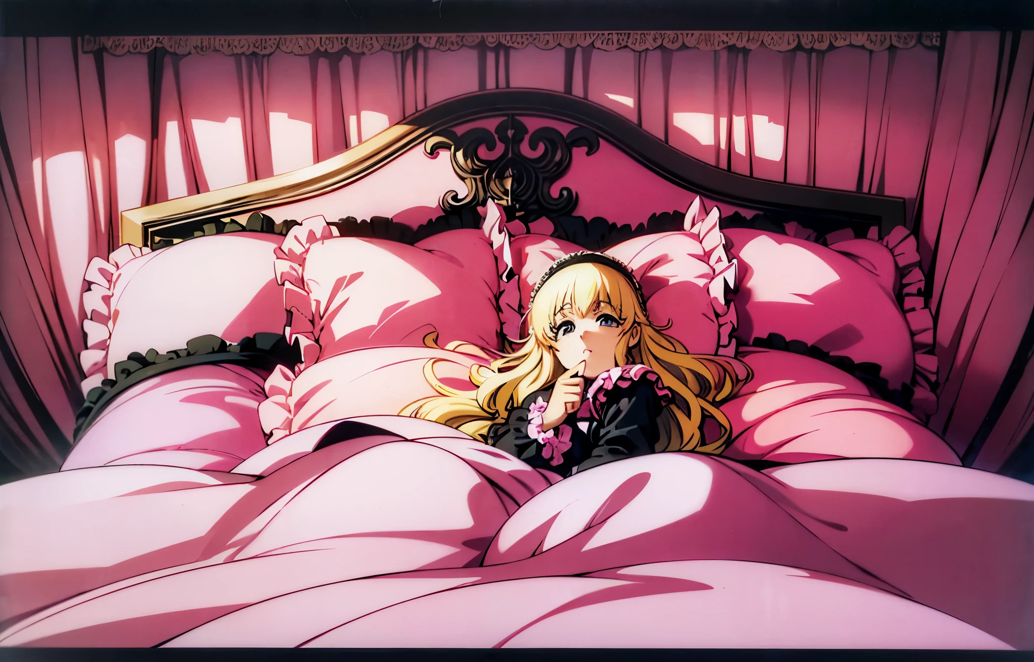 ,highest quality, masterpiece, highest resolution, artwork, super それにget used to it, many get used to it, get used to it, それにget used to it, 3K anime illustration,(( 10 year old girl)),Super detailed baby face,high quality small face,long blonde hair,blue eyes,白い肌のeuropean,pajamas, european,curly hair,blue eyes,((((ピンクのロリータファッションのlong skirtのワンピースドレス)))),((フリルとリボンがたっぷりついたピンクの可愛らしいpajamas)),((Luxurious pink headdress with frills and ribbons)),((((black ruffles and lace)))),detailed headdress,,(((big yoke collar))),Yoke collar with ruffles and ribbons,((((long sleeve)))),ruffle sleeves,((((long skirt)))),pink and black pillow with large ruffles and ribbons,(((Nice pink outfit))),豪華なcanopy bedの上,canopy bed,The bed is surrounded by luxurious curtains,Many pink and black frilly pillows on the bed,Behind the girl are many pink and black frilly pillows..,super detailed background,detailed bed,((((pink futon with black lace and frills)))),soft pink comforter,Highly detailed soft ruffle pillow,Beautiful girl illustration,detailed beautiful face,thin hair,detailed eye ,detailed eyes,detailed mouth, arm details,fine hands,Detailed pillow,wide bed,Illustration on the bed, ,((((round futon)))),((((A large pink futon that covers the entire bed)))),detailed comforter,detailed bedシーツ,Before bedtime,romantic atmosphere,palace bedroom,((((The lower half of my body is hidden under a large futon....)))) The girl is leaning on a pile of pillows, ,((((round futon)))),((((Large pink ruffle comforter with black ruffles and lace covering the entire bed)))),looking at me with contempt,Holding both hands,putting both hands close to the mouth,