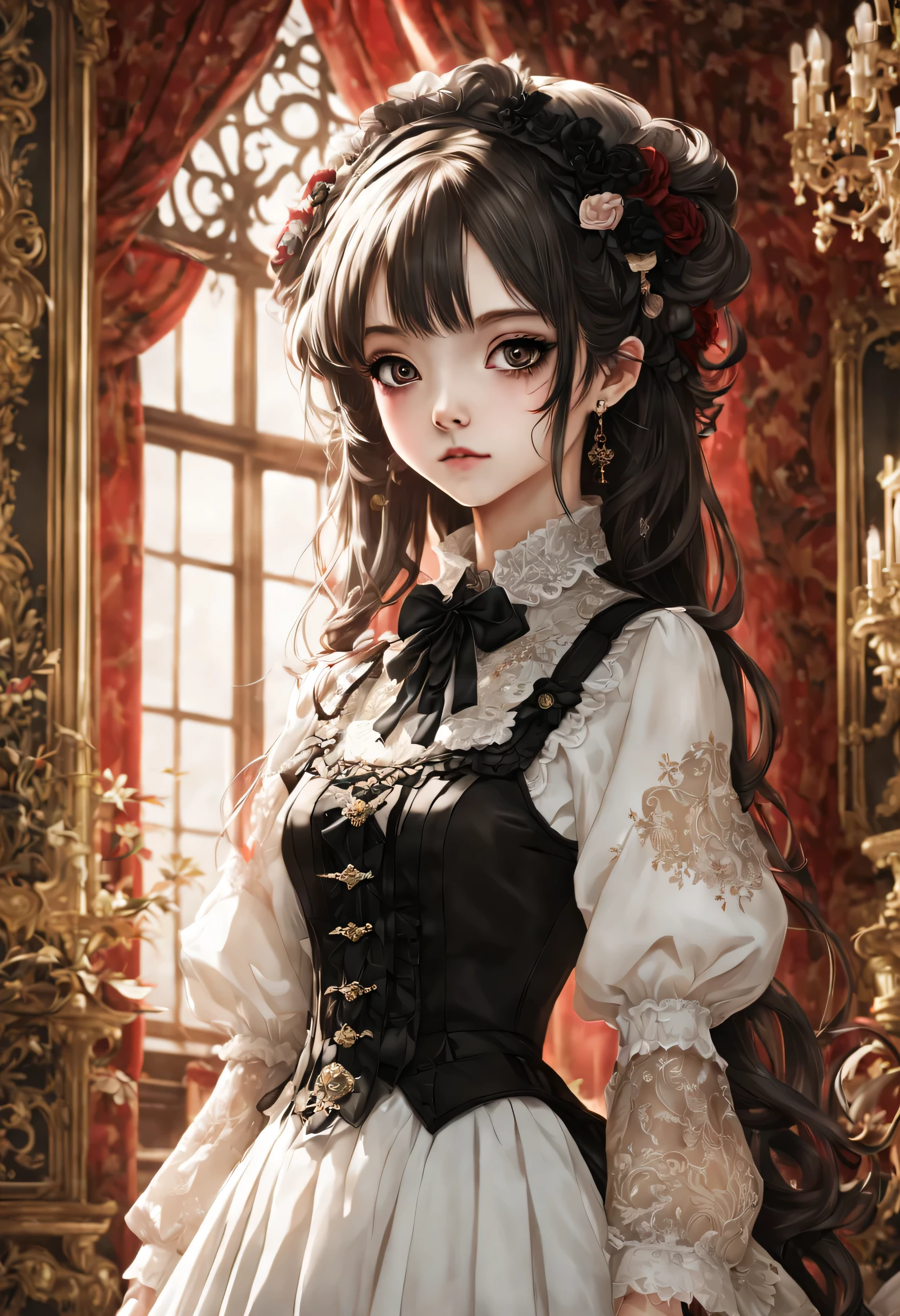 Gothic horror masterpiece,((Beautiful girl standing:Gothic Lolita:12 years old:Temporary:beautiful girl:cute:adorable)),gothic house,look back,black and white,そのadorable少女の正体は家族を皆殺しにする殺人鬼です,Famous events made into movies,scary but beautiful,Gothic Beauty,expressing beautiful madness,Shrouded in mystery,美しいgothic houseに惨劇を予感させる暗雲を配置する,can&#39;don&#39;t believe her&#39;The culprit is.,be familiar with,Use red as an accent color,race,embroidery,detailed pattern,rendering,Designer House,luxury house,nice,quiet,beautiful light and shadow,gothic room