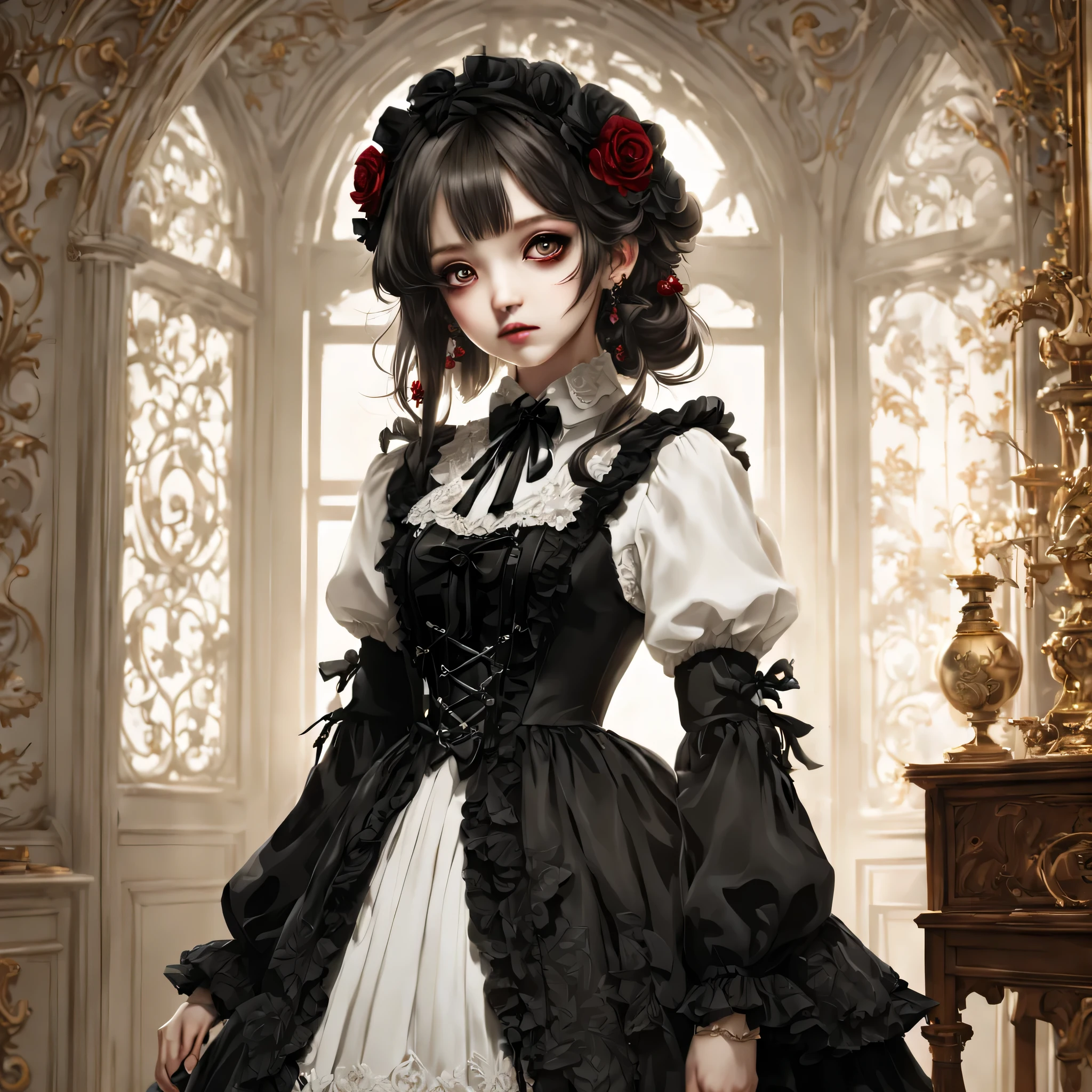 Gothic horror masterpiece,((Beautiful girl standing:Gothic Lolita:12 years old:Temporary:beautiful girl:cute:adorable)),gothic house,look back,black and white,そのadorable少女の正体は家族を皆殺しにする殺人鬼です,Famous events made into movies,scary but beautiful,Gothic Beauty,expressing beautiful madness,Shrouded in mystery,美しいgothic houseに惨劇を予感させる暗雲を配置する,can&#39;don&#39;t believe her&#39;The culprit is.,be familiar with,Use red as an accent color,race,embroidery,detailed pattern,rendering,Designer House,luxury house,nice,quiet,beautiful light and shadow,gothic room
