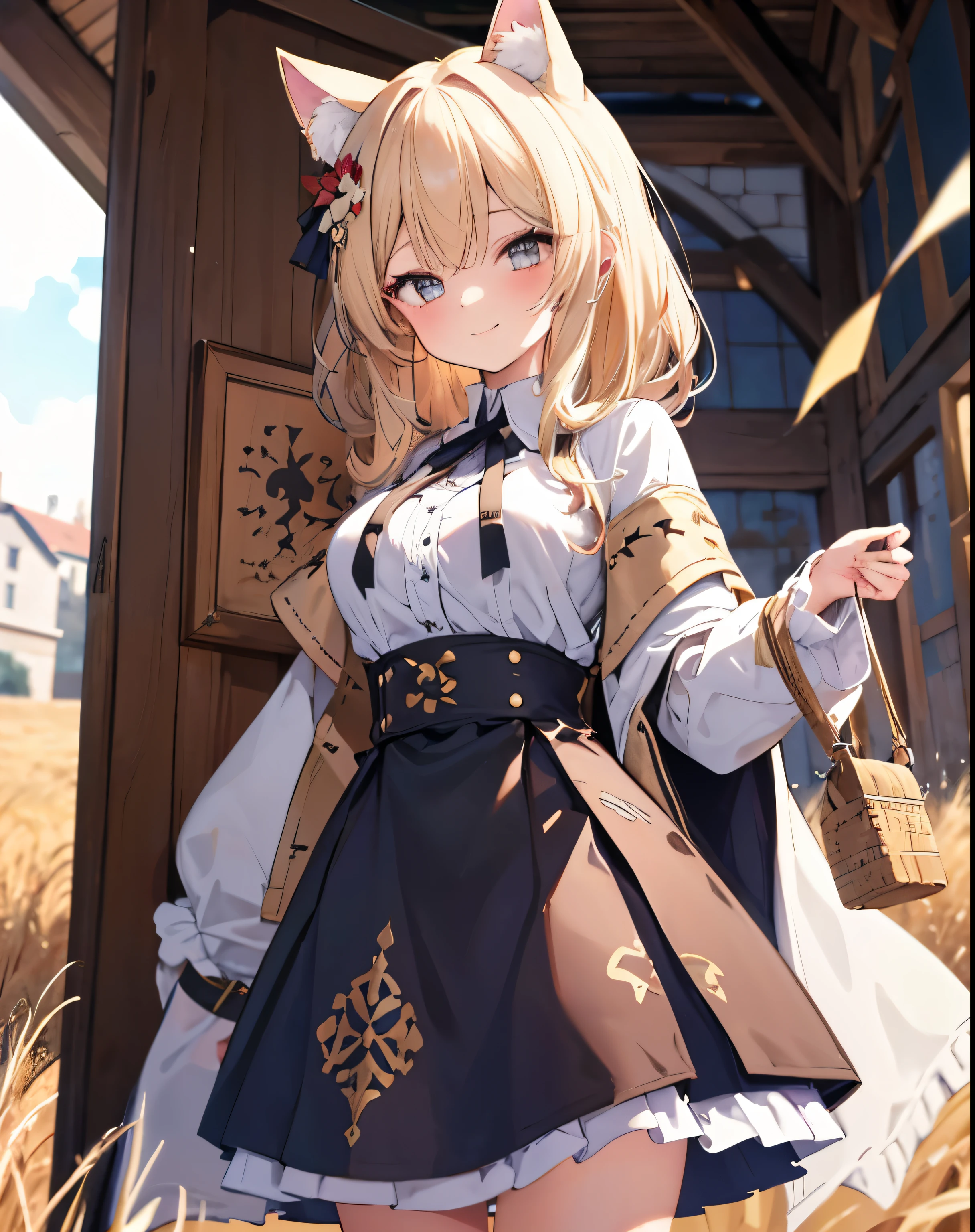 masterpiece,1girl, sparrow, a blonde haired girl, wearing a medieval european villager clothes, curly medium hair, messy hair, black skirt, brown capelet with furry hoody, slim body, big breasts, she close her left eye, shirt ornament, lolippai, hair ribbon, seductive smile, beautiful breasts, rounded breasts, crimson eyes, flared skirt, plaid skirt, she stands in the wheat field, iochi mari, cat ears