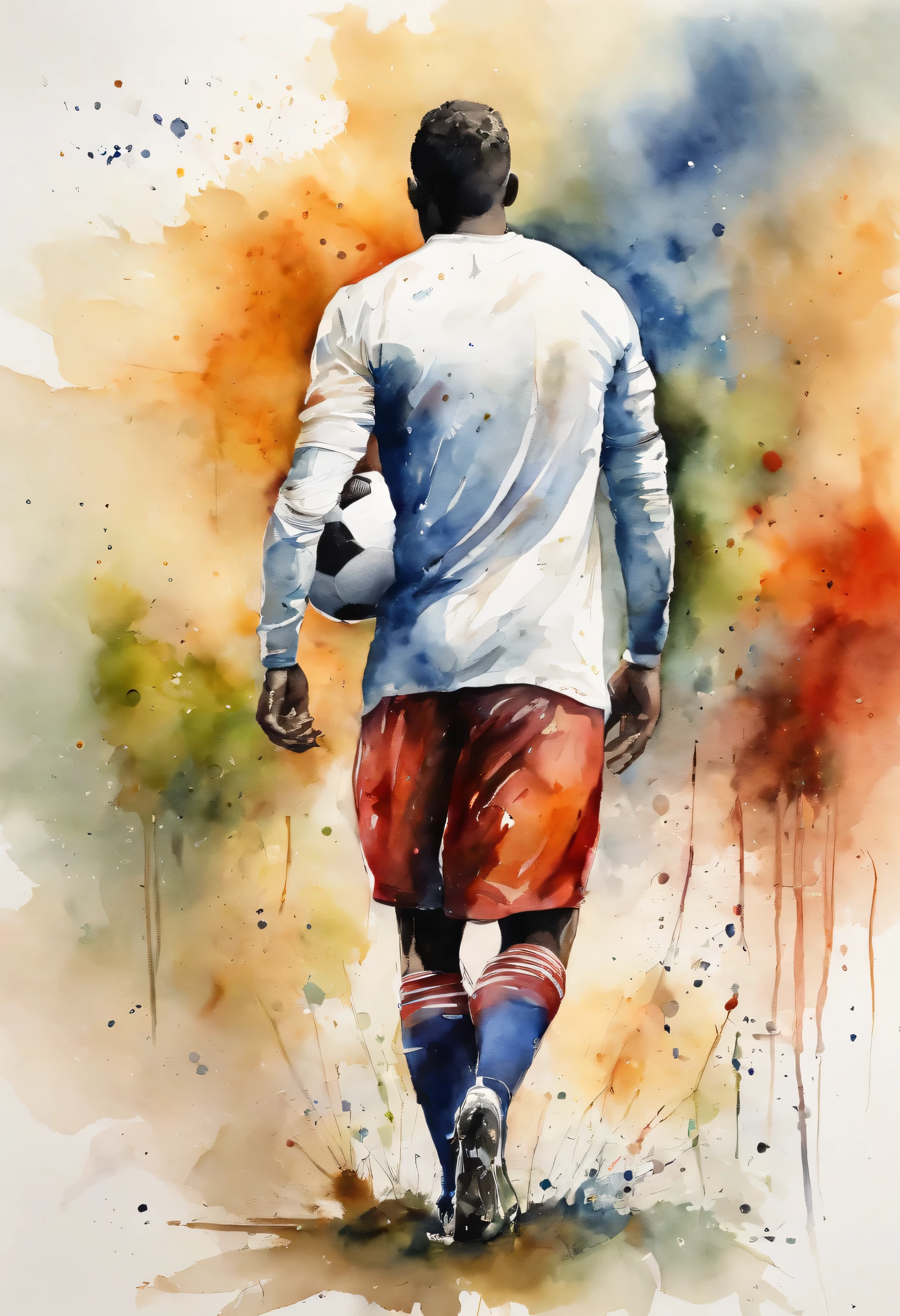 homme avec vêtements de footballeur, seen from behind, ballon de football, devant les cages de football, en pleine action