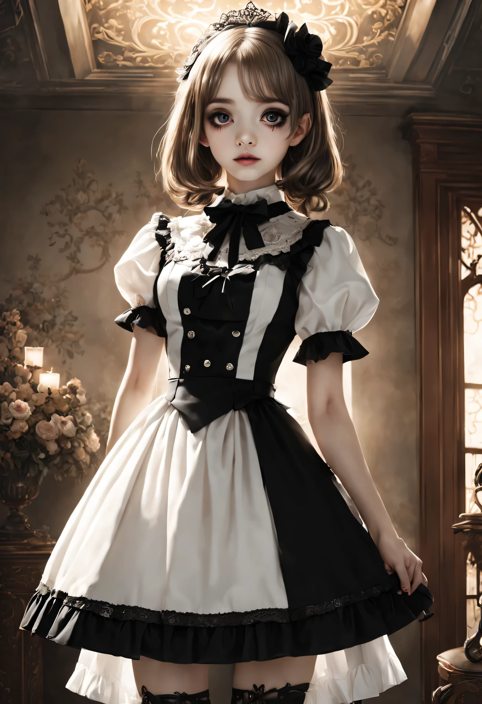 Nothing, Highest Quality,Petite girl, blonde, curly hair, evil girl, dress