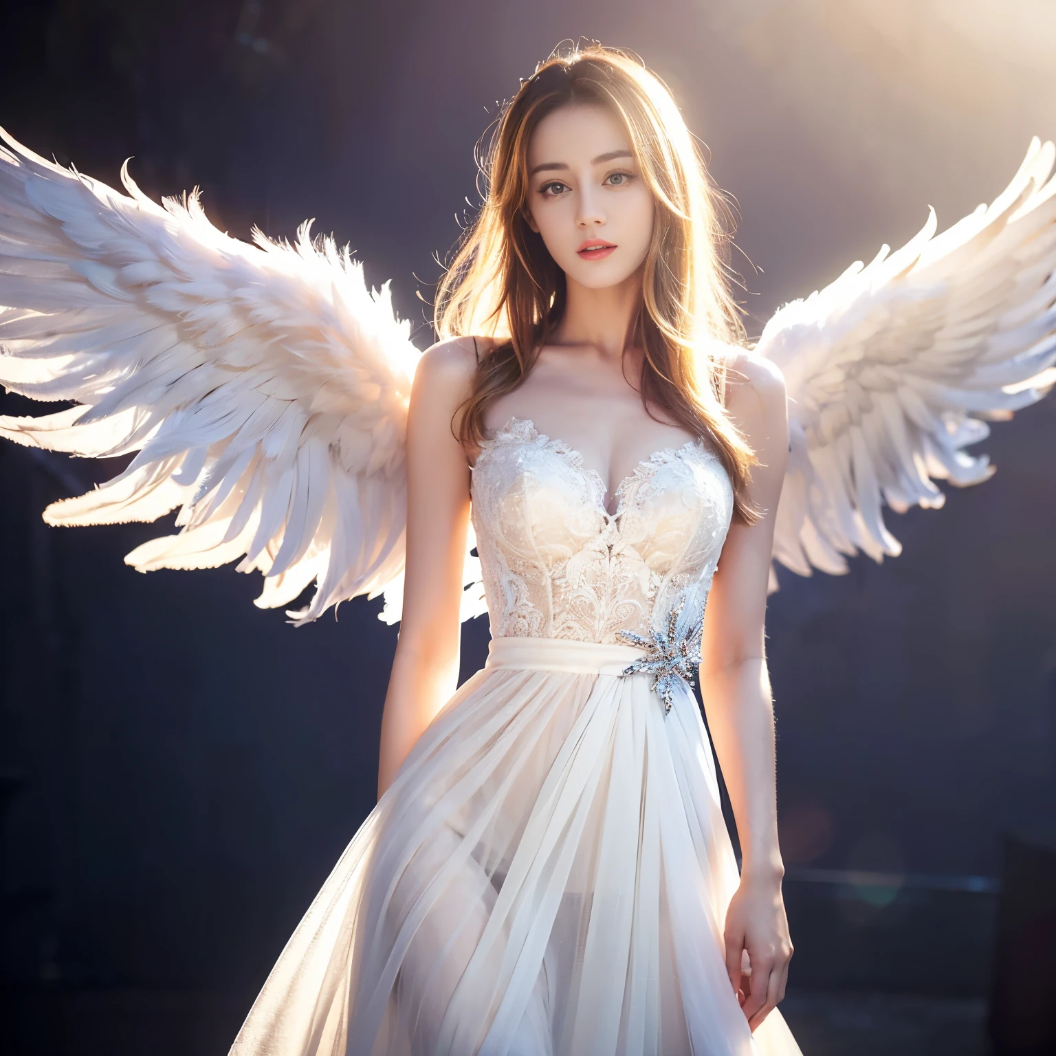 ((top quality、8k、​Masterpiece:1.3))、Extremely delicate and beautiful girl，Very white skin，fiery red lips，Waist is very thin，Thighs are very thin，White wedding dress，White and smooth skin，Smooth and fair skin，flawless skin，Fair and shiny skin，cold white skin，The camera focuses on the chest，bright light，hair is white，A pair of huge white wings on the back，angel wings，hazy light rays，hazy light rays，blurred white background，light blonde hair，sad expression，Cried，Tears on his face