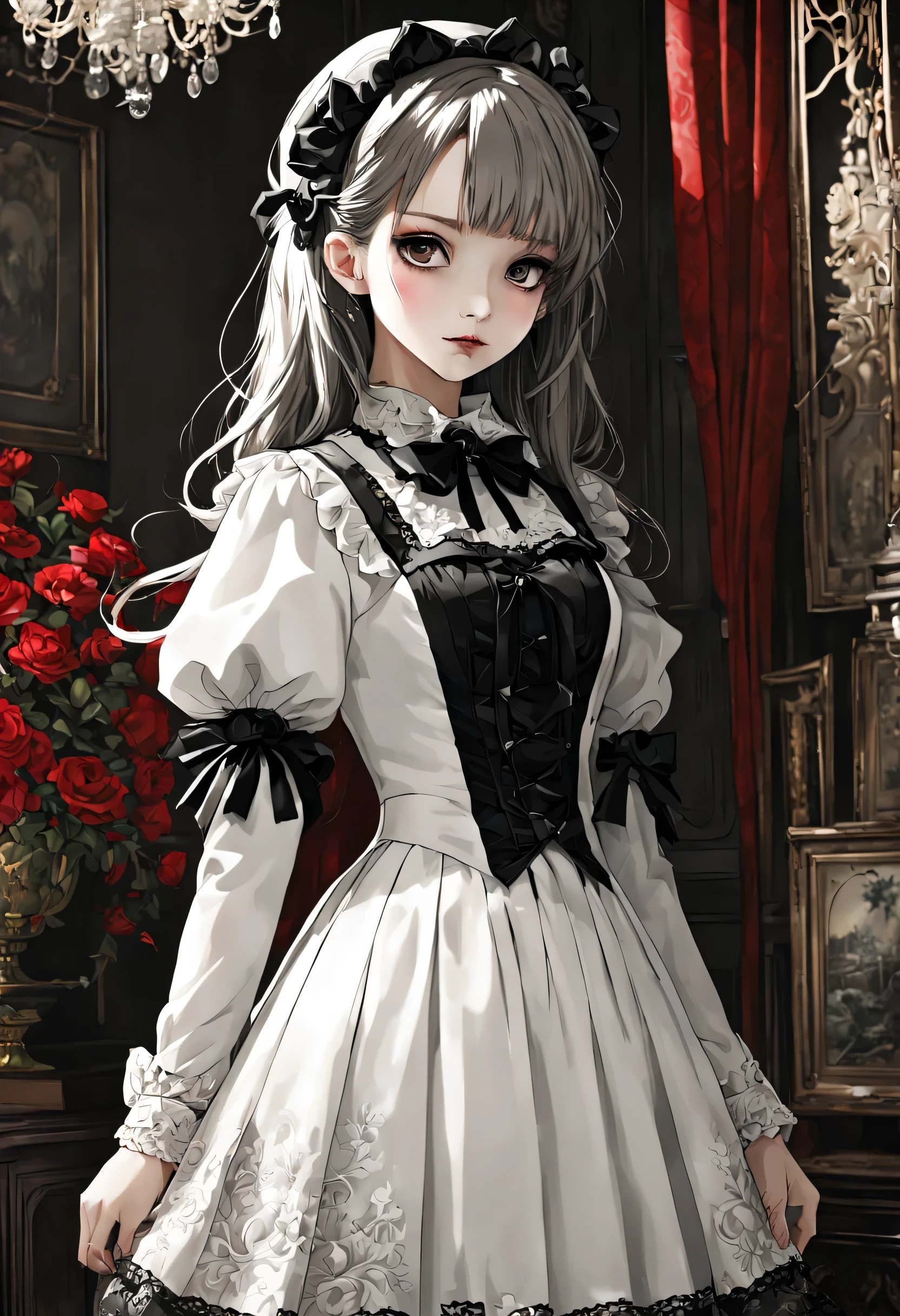 A masterpiece of gothic horror painting,((Beautiful girl standing:Gothic Lolita:12 years old:Temporary:beautiful girl:cute:adorable:perfect face:white people)),gothic house,look back,black and white,そのadorable少女の正体は家族を皆殺しにする殺人鬼です,Famous events made into movies,scary but beautiful,Gothic Beauty,expressing beautiful madness,Shrouded in mystery,美しいgothic houseに惨劇を予感させる暗雲を配置する,can'don't believe her'The culprit is.,be familiar with,Use red as an accent color,race,embroidery,detailed pattern,rendering,Designer House,luxury house,nice,quiet,beautiful light and shadow,gothic room