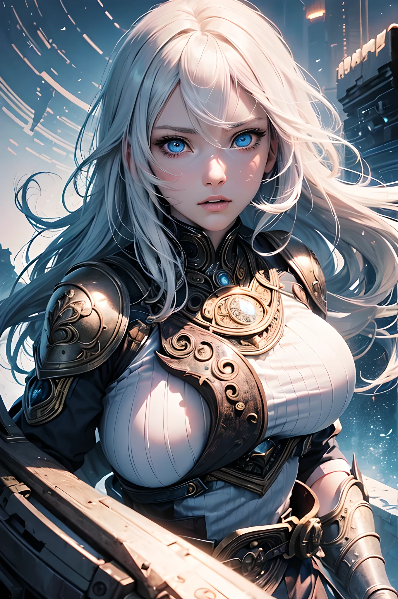 High resolution, highest quality, illustrations, super detail, (detailed face) (detailed eyeasterpiece), best quality, expressive eyes, perfect face, 1 girl, solo, white hair, long hair, blue eyes, warrior, big breast, bare knee shot