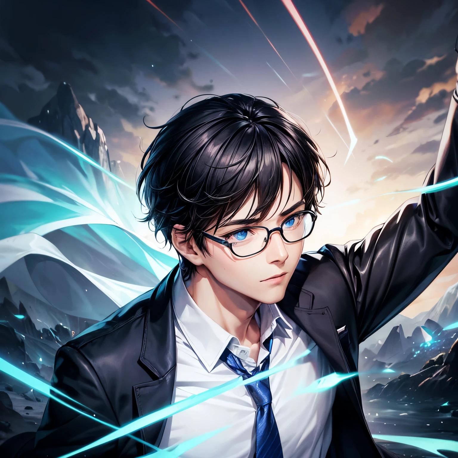 1boy ,wear cardigan, black hair with white highlight, blue eyes, wallpaper, landscape, night, light particles, light rays, sidelighting, wear glasses, open jacket, cloud