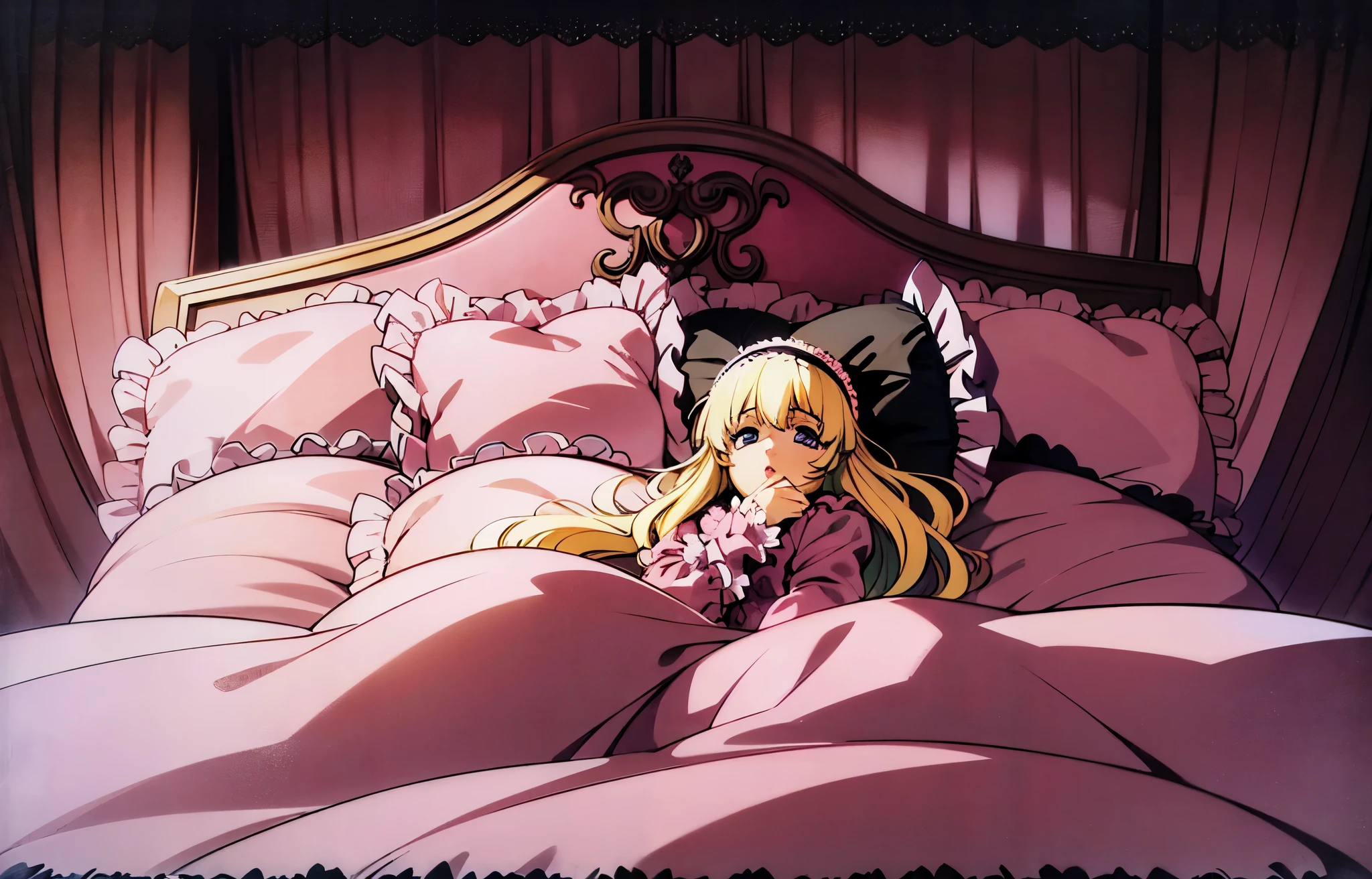 ,highest quality, masterpiece, highest resolution, artwork, super それにget used to it, many get used to it, get used to it, それにget used to it, 3K anime illustration,(( 10 year old girl)),Super detailed baby face,high quality small face,long blonde hair,blue eyes,白い肌のeuropean,pajamas, european,curly hair,blue eyes,((((ピンクのロリータファッションのlong skirtのワンピースドレス)))),((フリルとリボンがたっぷりついたピンクの可愛らしいpajamas)),((Luxurious pink headdress with frills and ribbons)),((((black ruffles and lace)))),detailed headdress,,(((big yoke collar))),Yoke collar with ruffles and ribbons,((((long sleeve)))),ruffle sleeves,((((long skirt)))),pink and black pillow with large ruffles and ribbons,(((Nice pink outfit))),豪華なcanopy bedの上,canopy bed,The bed is surrounded by luxurious curtains,Many pink and black frilly pillows on the bed,Behind the girl are many pink and black frilly pillows..,super detailed background,detailed bed,((((pink futon with black lace and frills)))),soft pink comforter,Highly detailed soft ruffle pillow,Beautiful girl illustration,detailed beautiful face,thin hair,detailed eye ,detailed eyes,detailed mouth, arm details,fine hands,Detailed pillow,wide bed,Illustration on the bed, ,((((round futon)))),((((A large pink futon that covers the entire bed)))),detailed comforter,detailed bedシーツ,Before bedtime,romantic atmosphere,palace bedroom,((((The lower half of my body is hidden under a large futon....)))) The girl is leaning on a pile of pillows, ,((((round futon)))),((((Large pink ruffle comforter with black ruffles and lace covering the entire bed)))),looking at me with contempt,Holding both hands,putting both hands close to the mouth,