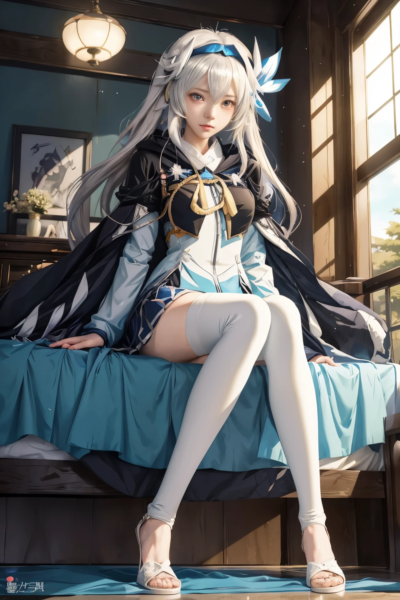 anime style images:a woman sitting on the bed,covered with blue blanket, Cute anime waifu wearing beautiful clothes, From Girls Frontline, from Arknights, anime art wallpaper 8k, Popular topics on artstation pixiv, 8k high quality detailed art, beautiful anime girl, Epic light novel art cover, Anime visual of a cute girl, Light novel cover art