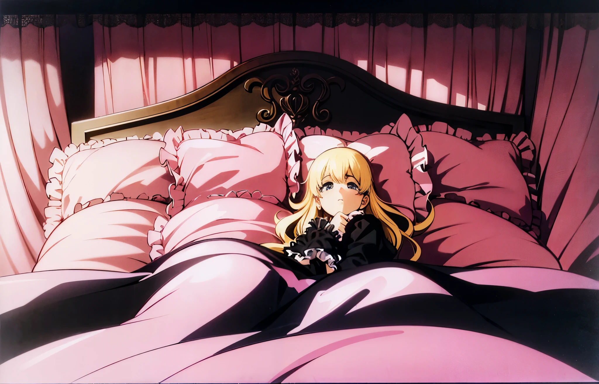 ,highest quality, masterpiece, highest resolution, artwork, super それにget used to it, many get used to it, get used to it, それにget used to it, 3K anime illustration,(( 10 year old girl)),Super detailed baby face,high quality small face,long blonde hair,blue eyes,白い肌のeuropean,pajamas, european,curly hair,blue eyes,((((ピンクのロリータファッションのlong skirtのワンピースドレス)))),((フリルとリボンがたっぷりついたピンクの可愛らしいpajamas)),((Luxurious pink headdress with frills and ribbons)),((((black ruffles and lace)))),detailed headdress,,(((big yoke collar))),Yoke collar with ruffles and ribbons,((((long sleeve)))),ruffle sleeves,((((long skirt)))),pink and black pillow with large ruffles and ribbons,(((Nice pink outfit))),豪華なcanopy bedの上,canopy bed,The bed is surrounded by luxurious curtains,Many pink and black frilly pillows on the bed,Behind the girl are many pink and black frilly pillows..,super detailed background,detailed bed,((((pink futon with black lace and frills)))),soft pink comforter,Highly detailed soft ruffle pillow,Beautiful girl illustration,detailed beautiful face,thin hair,detailed eye ,detailed eyes,detailed mouth, arm details,fine hands,Detailed pillow,wide bed,Illustration on the bed, ,((((round futon)))),((((A large pink futon that covers the entire bed)))),detailed comforter,detailed bedシーツ,Before bedtime,romantic atmosphere,palace bedroom,((((The lower half of my body is hidden under a large futon....)))) The girl is leaning on a pile of pillows, ,((((round futon)))),((((Large pink ruffle comforter with black ruffles and lace covering the entire bed)))),looking at me with contempt,Holding both hands,putting both hands close to the mouth,
