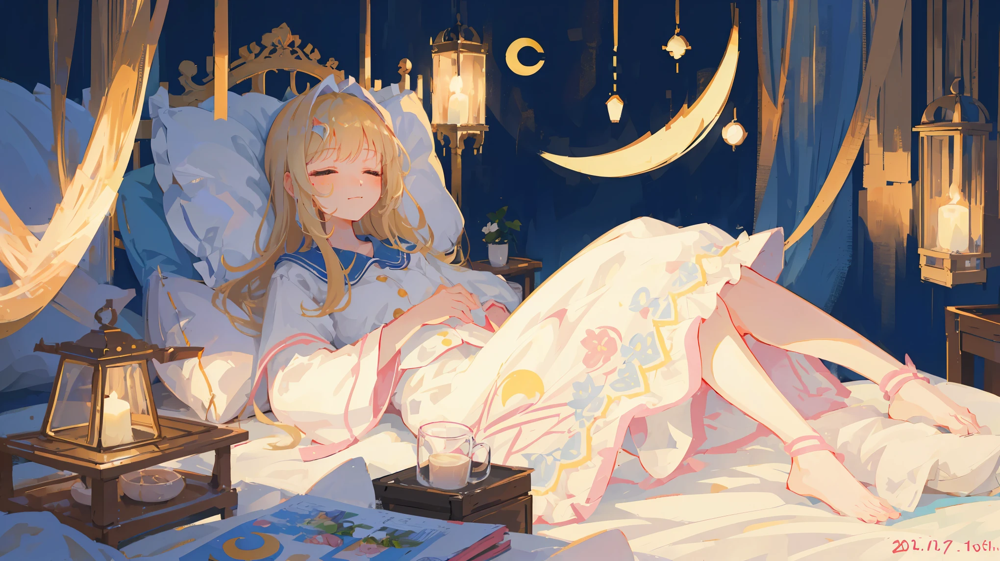 (masterpiece, high quality, detailed), 1 woman, (close one&#39;s eyes:1.2), (peaceful sleeping face:1.5), (a little smile)big and fluffy blonde, long hair, busty, baggy white pajamas, in bed, There are a lot of pillows, dreamy, comfortable, night time, crescent moon, enlargement, portrait