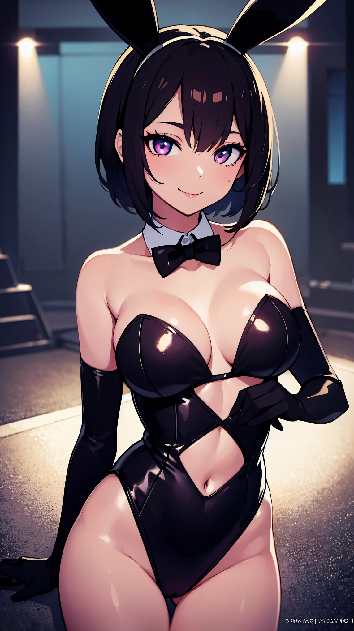 black playboy bunny suits, solo girl, best quality, middle breast, dark hair, short hair, seductive detailed face, (Charming, dropping eyes:1.2), cinematic lighting, lustrous skin, seductive smile,
