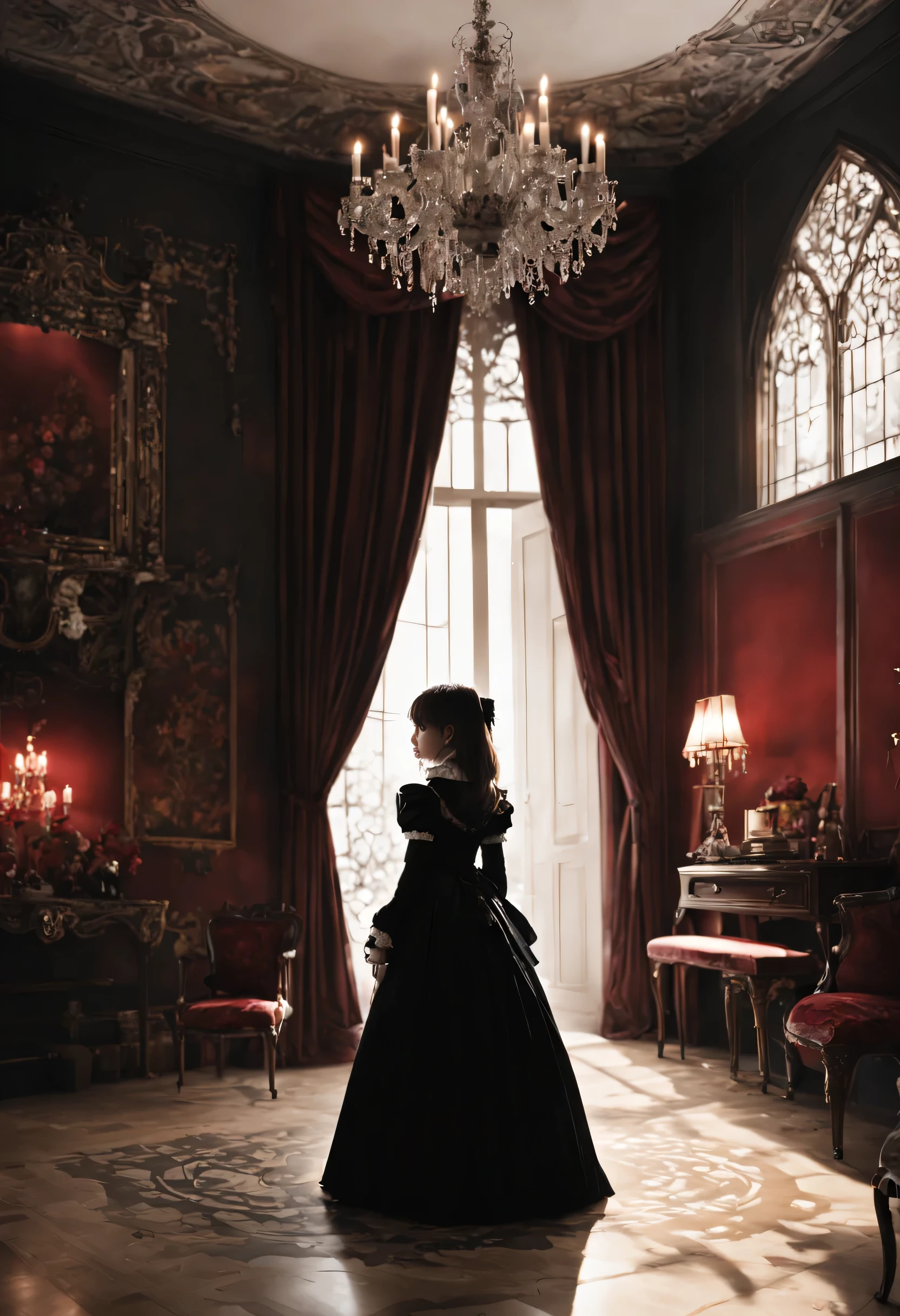 Gothic horror masterpiece,((Beautiful girl standing:Gothic Lolita:12 years old:Temporary:beautiful girl:cute:adorable)),gothic house,look back,black and white,そのadorable少女の正体は家族を皆殺しにする殺人鬼です,Famous events made into movies,scary but beautiful,Gothic Beauty,expressing beautiful madness,Shrouded in mystery,美しいgothic houseに惨劇を予感させる暗雲を配置する,can&#39;don&#39;t believe her&#39;The culprit is.,be familiar with,Use red as an accent color,race,embroidery,detailed pattern,rendering,Designer House,luxury house,nice,quiet,beautiful light and shadow,gothic room