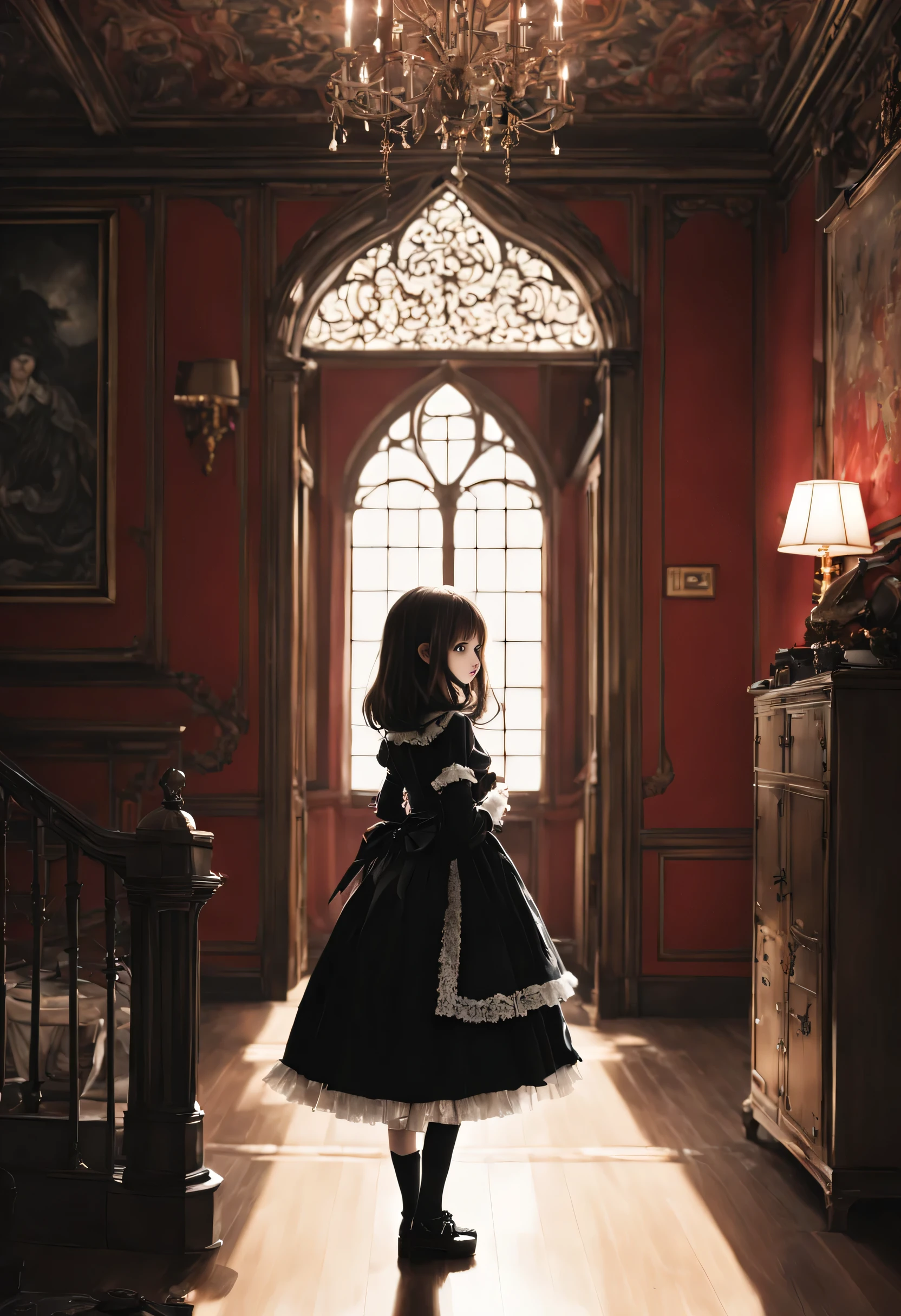 A masterpiece of gothic horror painting,((Beautiful girl standing:Gothic Lolita:12 years old:Temporary:beautiful girl:cute:adorable)),gothic house,look back,black and white,そのadorable少女の正体は家族を皆殺しにする殺人鬼です,Famous events made into movies,scary but beautiful,Gothic Beauty,expressing beautiful madness,Shrouded in mystery,美しいgothic houseに惨劇を予感させる暗雲を配置する,can&#39;don&#39;t believe her&#39;The culprit is.,be familiar with,Use red as an accent color,race,embroidery,detailed pattern,rendering,Designer House,luxury house,nice,quiet,beautiful light and shadow,gothic room