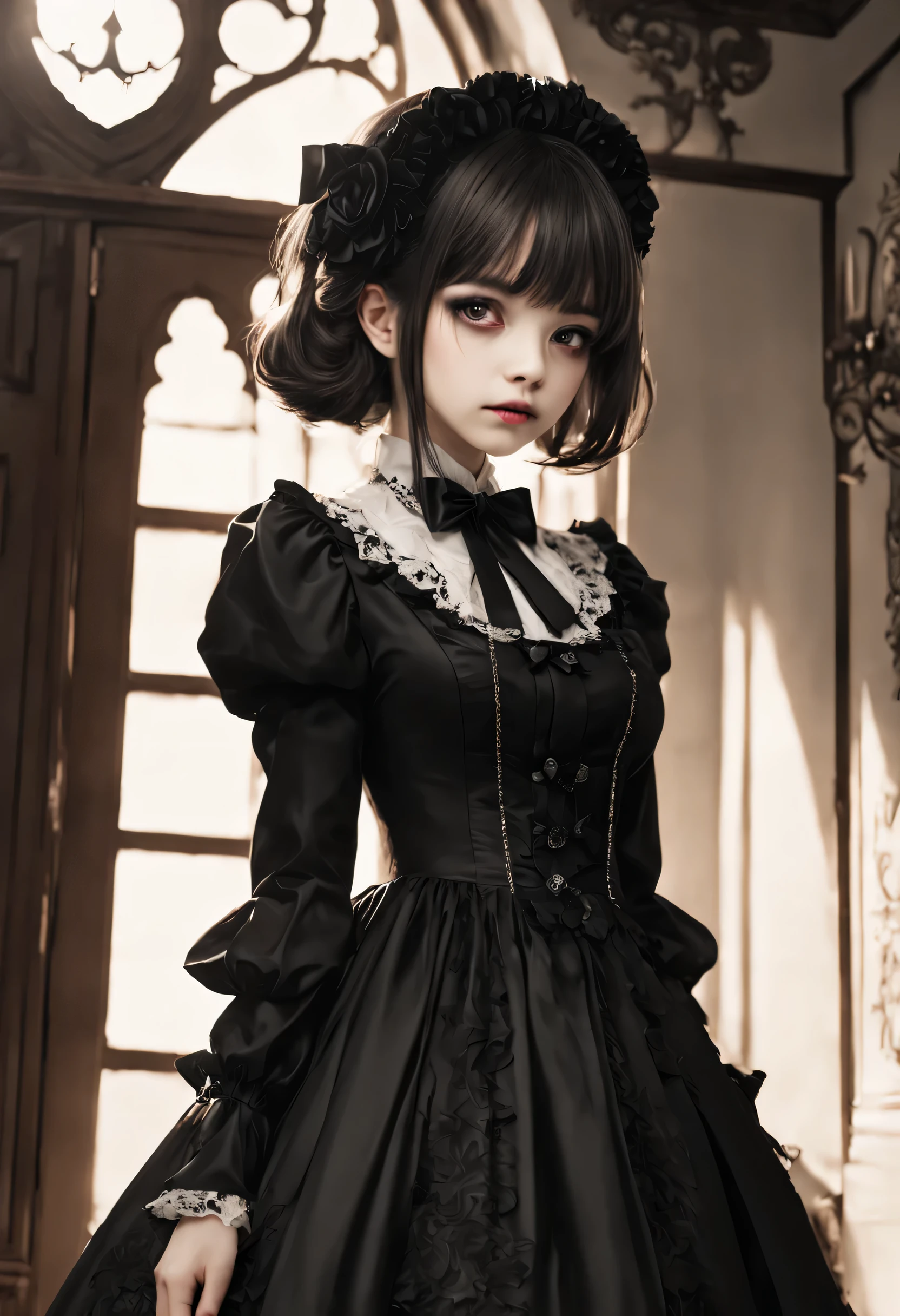Gothic horror masterpiece,((Beautiful girl standing:Gothic Lolita:12 years old:Temporary:beautiful girl:cute:adorable)),gothic house,look back,black and white,そのadorable少女の正体は家族を皆殺しにする殺人鬼です,Famous events made into movies,scary but beautiful,Gothic Beauty,expressing beautiful madness,Shrouded in mystery,美しいgothic houseに惨劇を予感させる暗雲を配置する,can'don't believe her'The culprit is.,be familiar with,Use red as an accent color,race,embroidery,detailed pattern,rendering,Designer House,luxury house,nice,quiet,beautiful light and shadow,gothic room