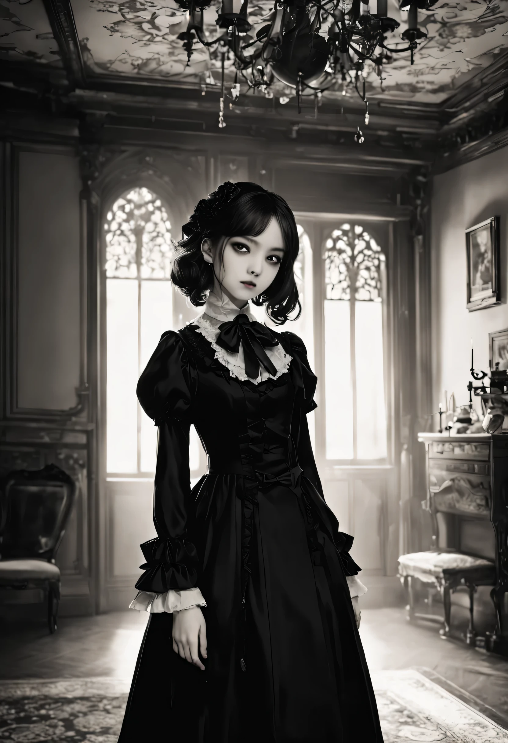 Gothic horror masterpiece,((Beautiful girl standing:Gothic Lolita:12 years old:Temporary:beautiful girl:cute:adorable)),gothic house,look back,black and white,そのadorable少女の正体は家族を皆殺しにする殺人鬼です,Famous events made into movies,scary but beautiful,Gothic Beauty,expressing beautiful madness,Shrouded in mystery,美しいgothic houseに惨劇を予感させる暗雲を配置する,can&#39;don&#39;t believe her&#39;The culprit is.,be familiar with,Use red as an accent color,race,embroidery,detailed pattern,rendering,Designer House,luxury house,nice,quiet,beautiful light and shadow,gothic room