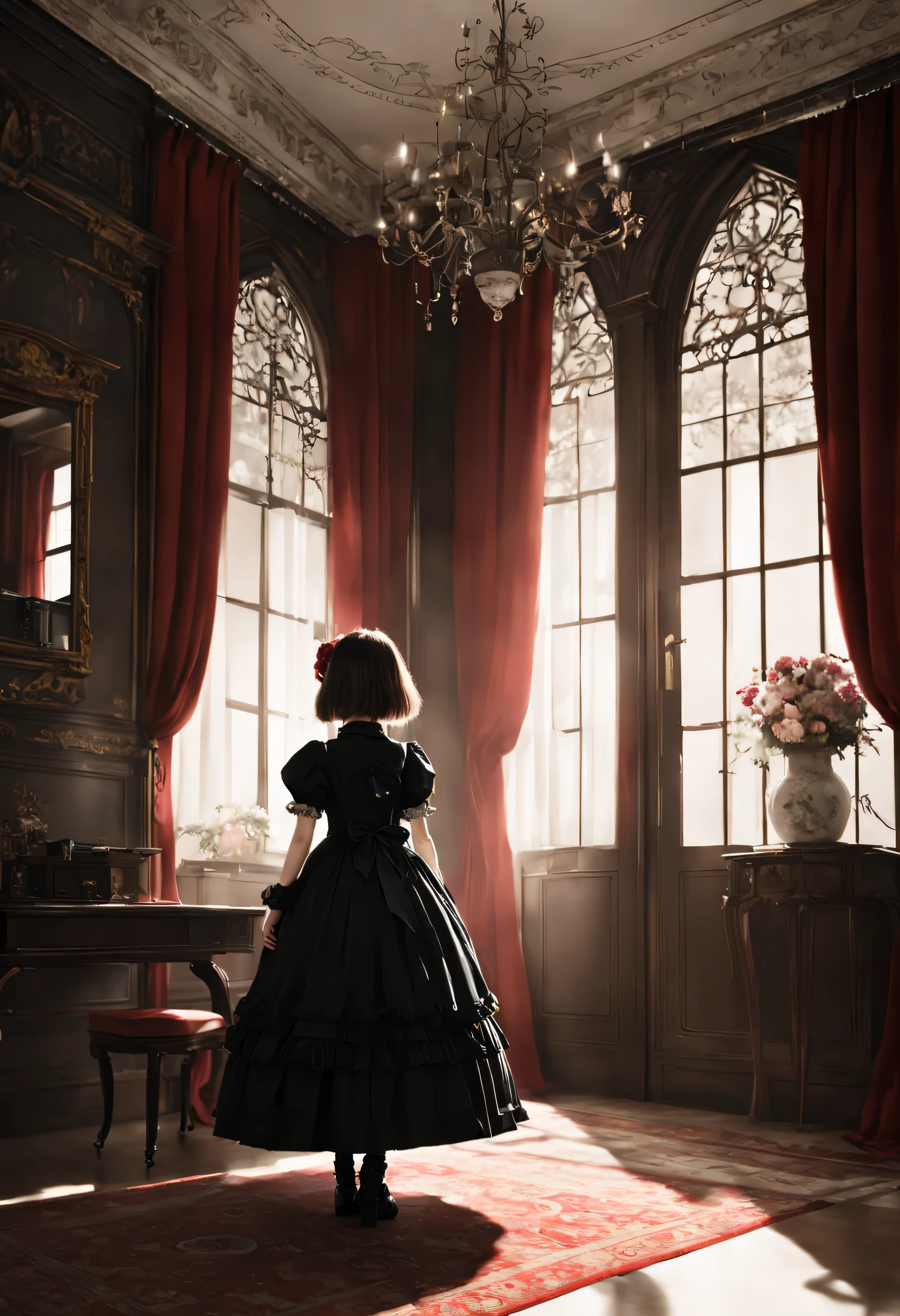 Gothic horror masterpiece,((Beautiful girl standing:Gothic ta:12 yporary:beautiful girl:cute:adorable)),gothic house,look back,black and white,そのadorable少女の正体は家族を皆殺しにする殺人鬼です,Famous events made into movies,scary but beautiful,Gothic Beauty,expressing beautiful madness,Shrouded in mystery,美しいgothic houseに惨劇を予感させる暗雲を配置する,can'don't believe her'The culprit is.,be familiar with,Use red as an accent color,race,embroidery,detailed pattern,rendering,Designer House,luxury house,nice,quiet,beautiful light and shadow,gothic room