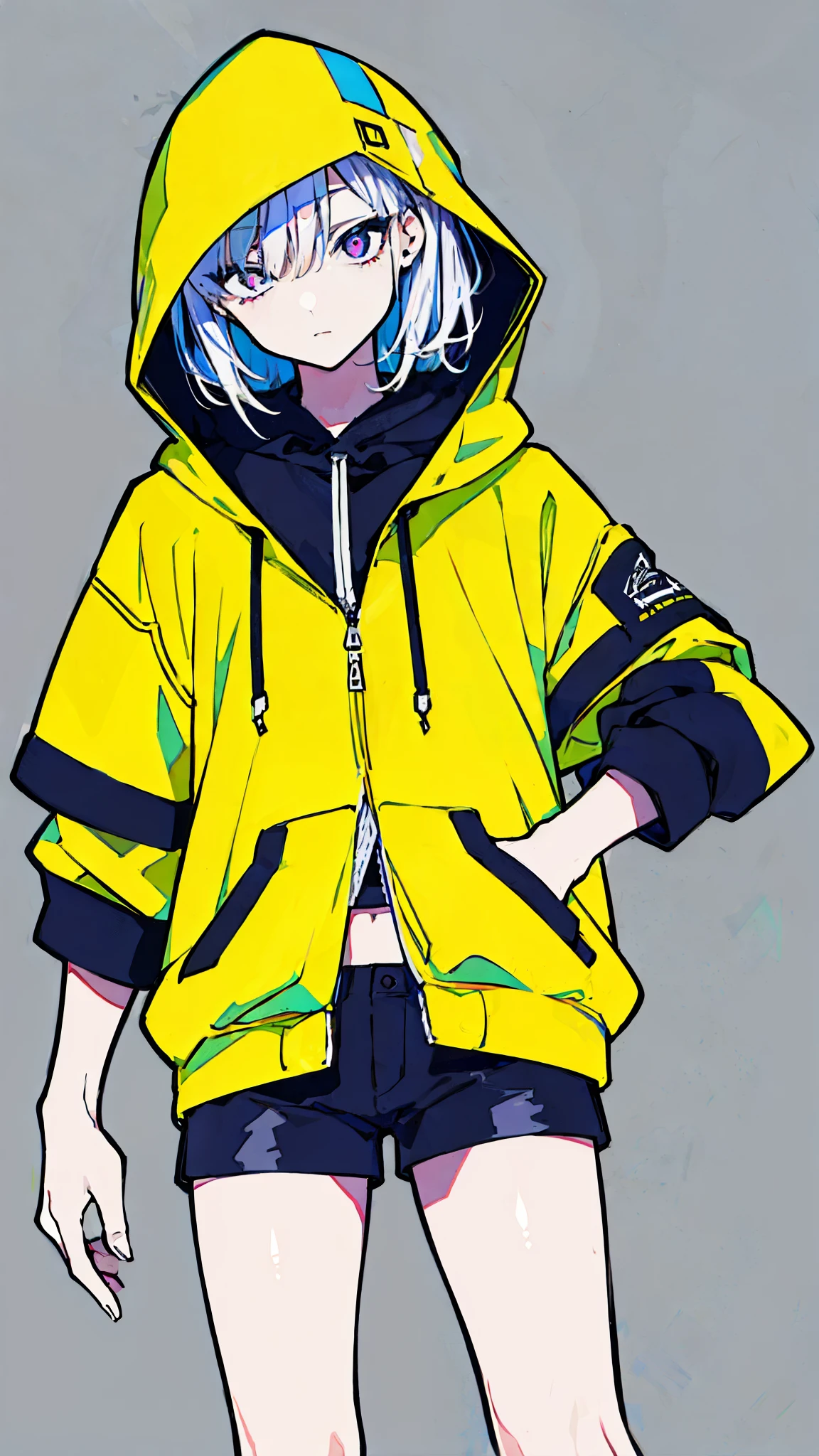 (masterpiece, highest quality:1.6), alone, thick outline, (simple background, dark background, Rainbow Colors theme:1.2), official art, Key Visual, 8k, confused, whole body, (unique hair, oversized hoodie, hot pants, wearing a hood, arch back, short torso:1.2), belly button, thighs, cowboy shot, HDR, sharp focus, High resolution, most detailed, very detailed, Super detailed, finely, detailed eyes and face, sharp pupils, realistic student, alone, put one's hand in one's pocket