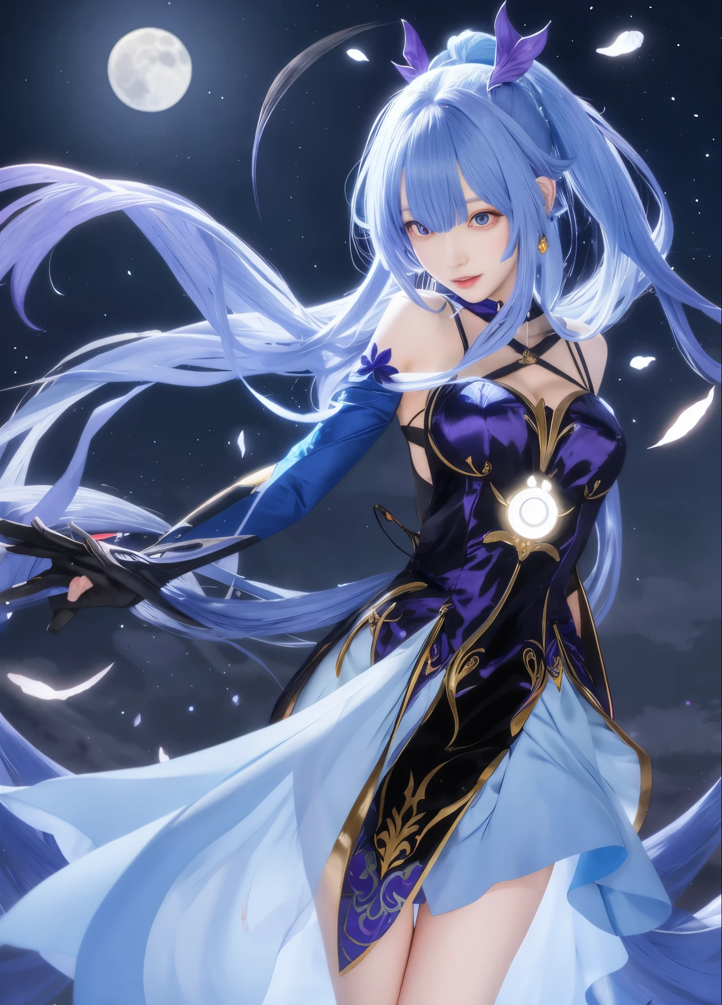 Anime girl with long hair and blue dress standing in front of the full moon, ayaka Genshin impact, keqing from Genshin impact, Genshin impact character, ayaka game Genshin impact, Genshin, zhongli from Genshin impact, Genshin impact, Genshin impact style, video game Genshin impact, Beautiful celestial mage