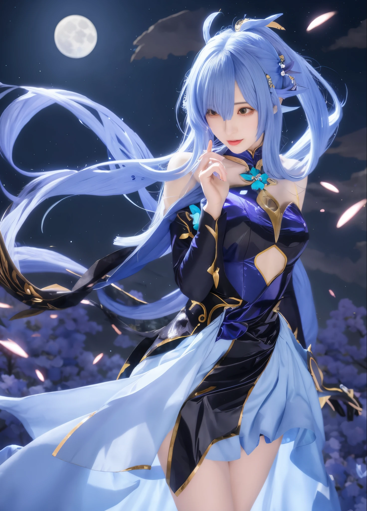 Anime girl with long hair and blue dress standing in front of the full moon, ayaka Genshin impact, keqing from Genshin impact, Genshin impact character, ayaka game Genshin impact, Genshin, zhongli from Genshin impact, Genshin impact, Genshin impact style, video game Genshin impact, Beautiful celestial mage
