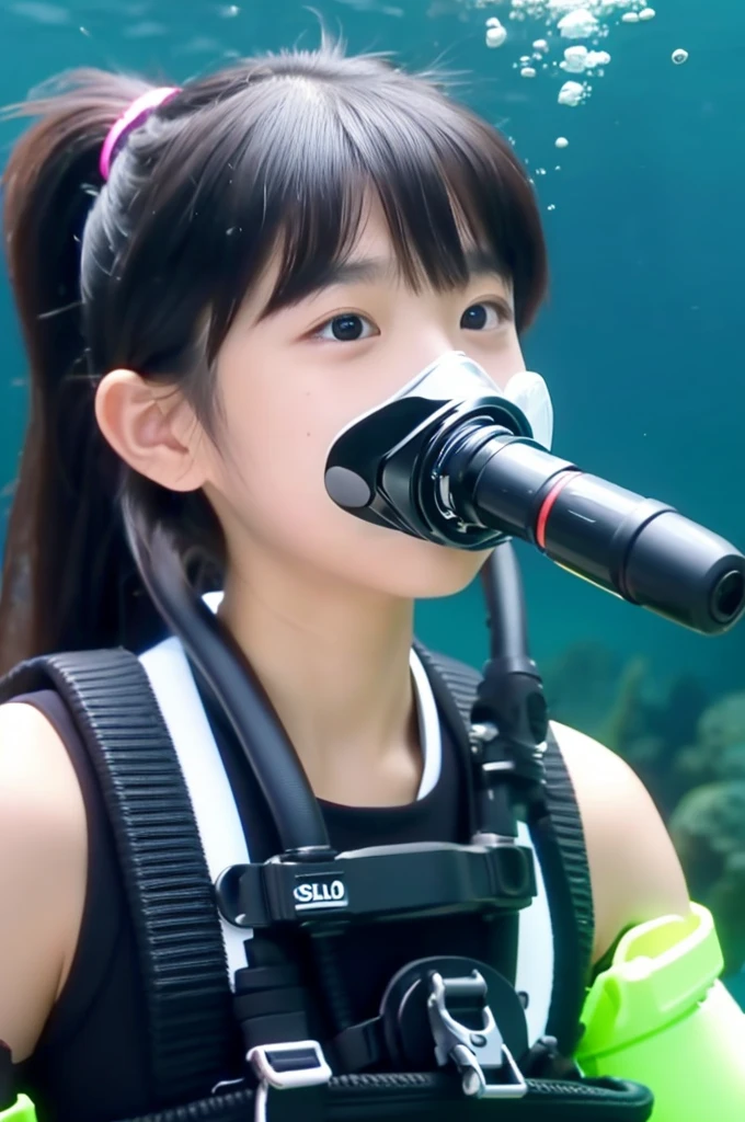 Solo, black eyes and black hair twintails, Scuba Diving, Japanese 10-year-old girl breathes into a regulator from a scuba tank, UHD, high details, best quality, high quality, 1080P, 16k, masterpiece