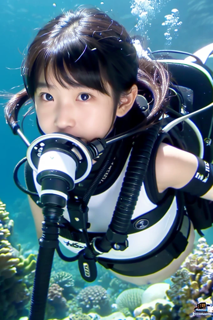 scuba diving,  Japanese girl breathes from tank to regulator., pure white wet suit, colorful tail., masterpiece, Accurate, highest quality, High resolution