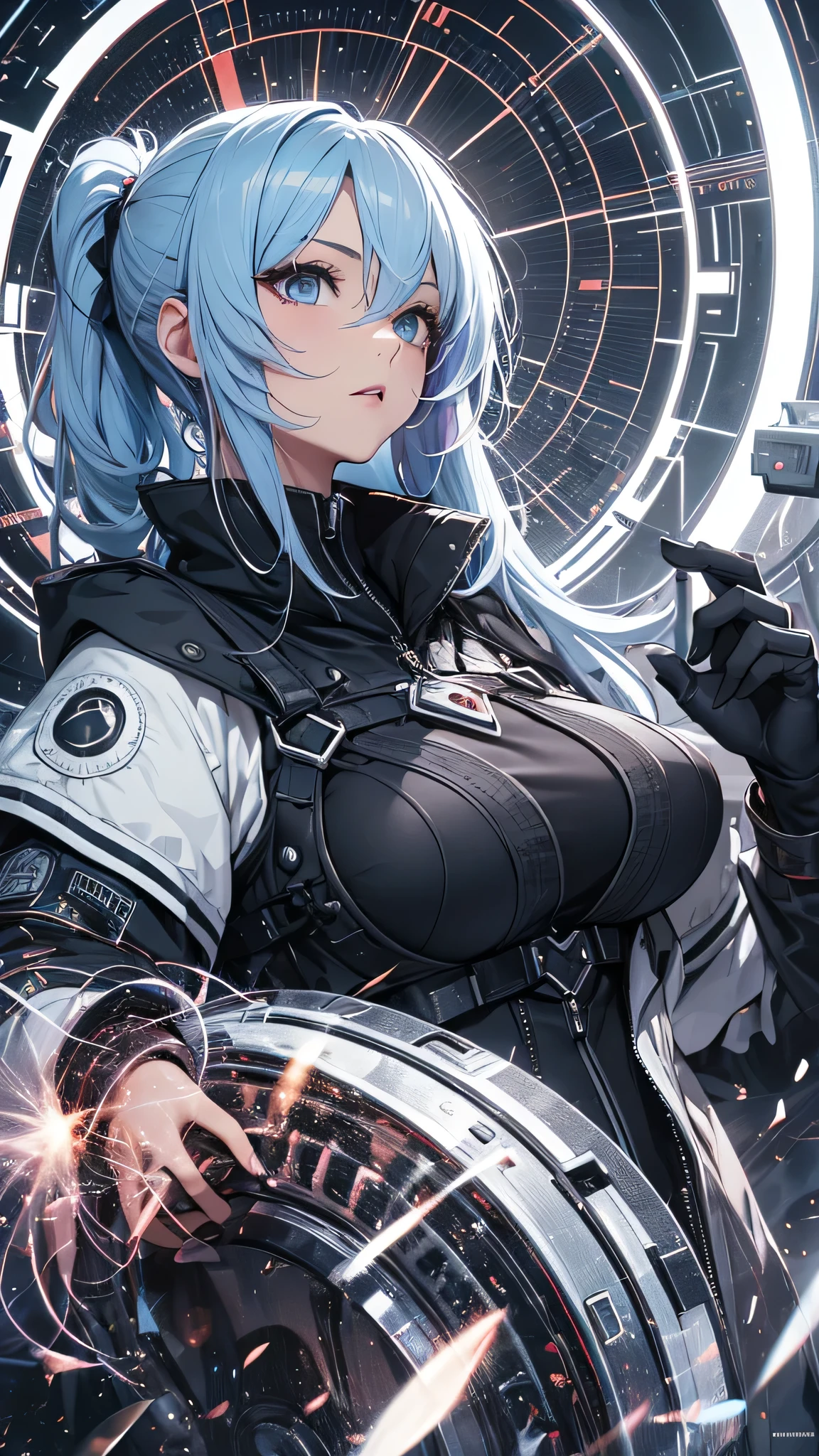 最high quality、best image quality、masterpiece、girl((20-year-old、 By becoming、vest bust、medium bust,wide open breast tea、shining eyes, light blue hair、long hair、thin,highest valley、ponytail、action of looking up、full body bandage、Black and white suit、backwards、emphasize the buttocks)),high quality、beautiful art、background((Near future、Machine area、energy field))、Flight、debris flies、Depth of written boundary、movie、visual art、perfect art、8k,genuine、