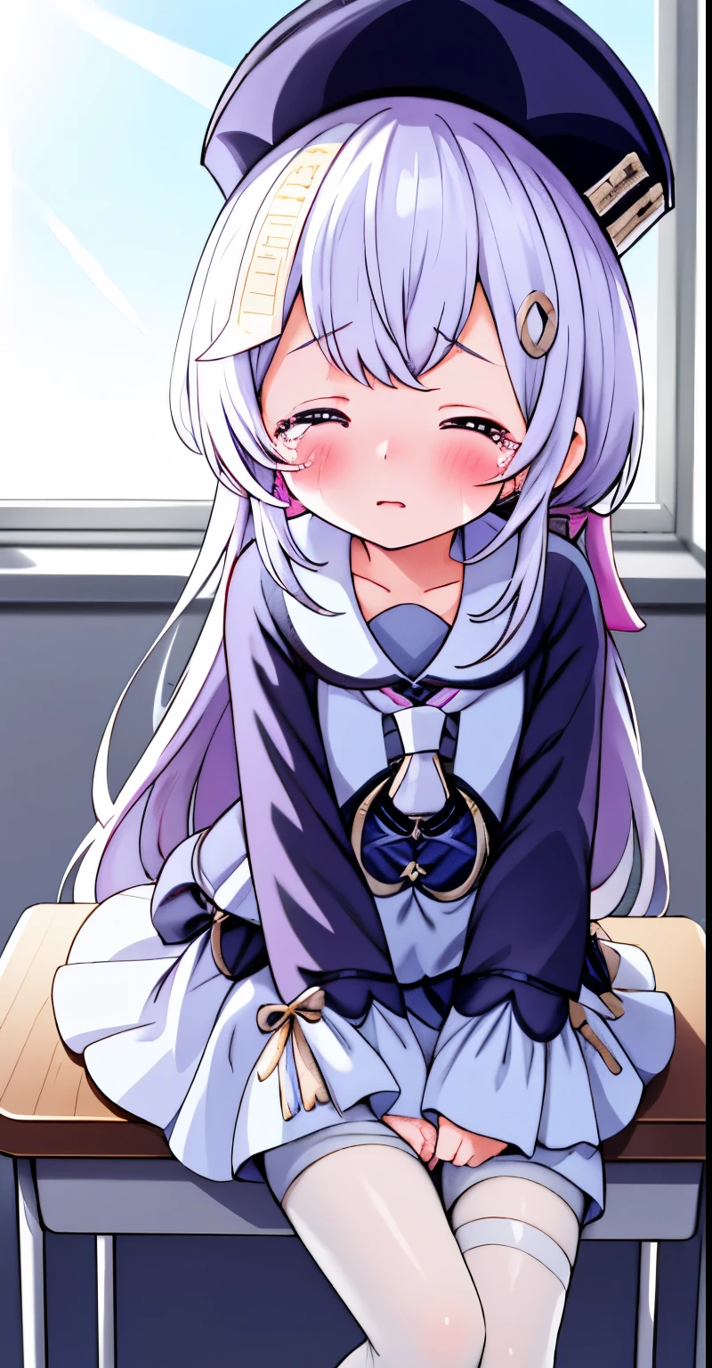 Black lace-up boots,white pantyhose,blush害羞,classroom scene,girl,,((absurd)), ((on the table)), (best quality), (lens flare), (Super detailed), (beautiful), ((cute girl)), alone, beautiful face, White skin, on the table, (10 years old: 1.3), , 、A girl goes to the toilet、 permanent, is crying, close her eyes, tears flow from eyes, Embarrassment comes from, blush), (girl is peeing: 1.2),, look away, sitting, Awkward, blush, The mouth opens slightly, classroom (girl leaking urine): 1.5)