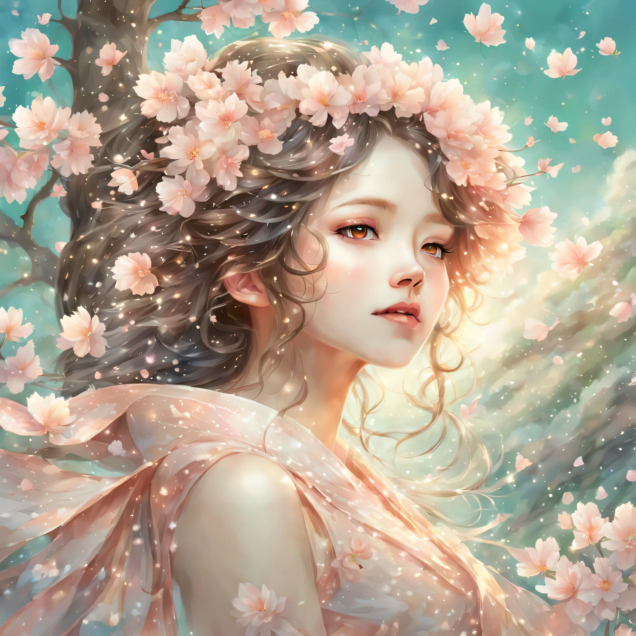 Cherry Blossom Spirit:pretty girl:adorable face:Looks kind:light makeup:,Cherry tree in full bloom,SakuraFubuki,light pink,Gentle color,pastel colour,Cherry blossoms fall on the wind,SakuraFubuki,wind effect,cherry blossom petals,masterpiece,An illustration,be familiar with,delicate and beautiful work,fancy,We can only meet for a short time a year.,Temporary,dream-like