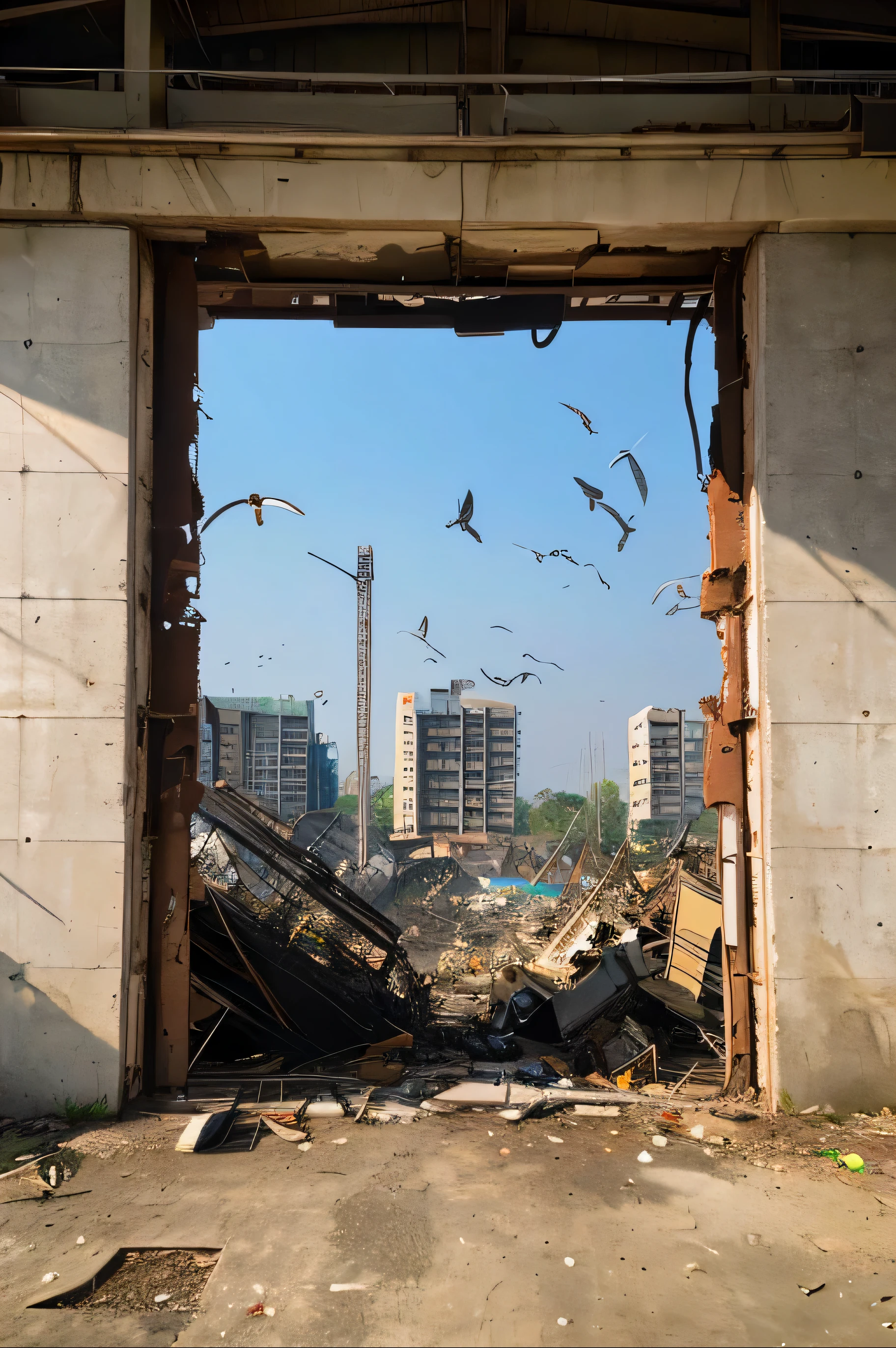 (破壊されたground)、(Cracked concrete)、(Exposed steel frame)、break the fast、wreckage、ground、((bird'perspective))、((photo quality))、High resolution、high quality、rust、Large hole、
