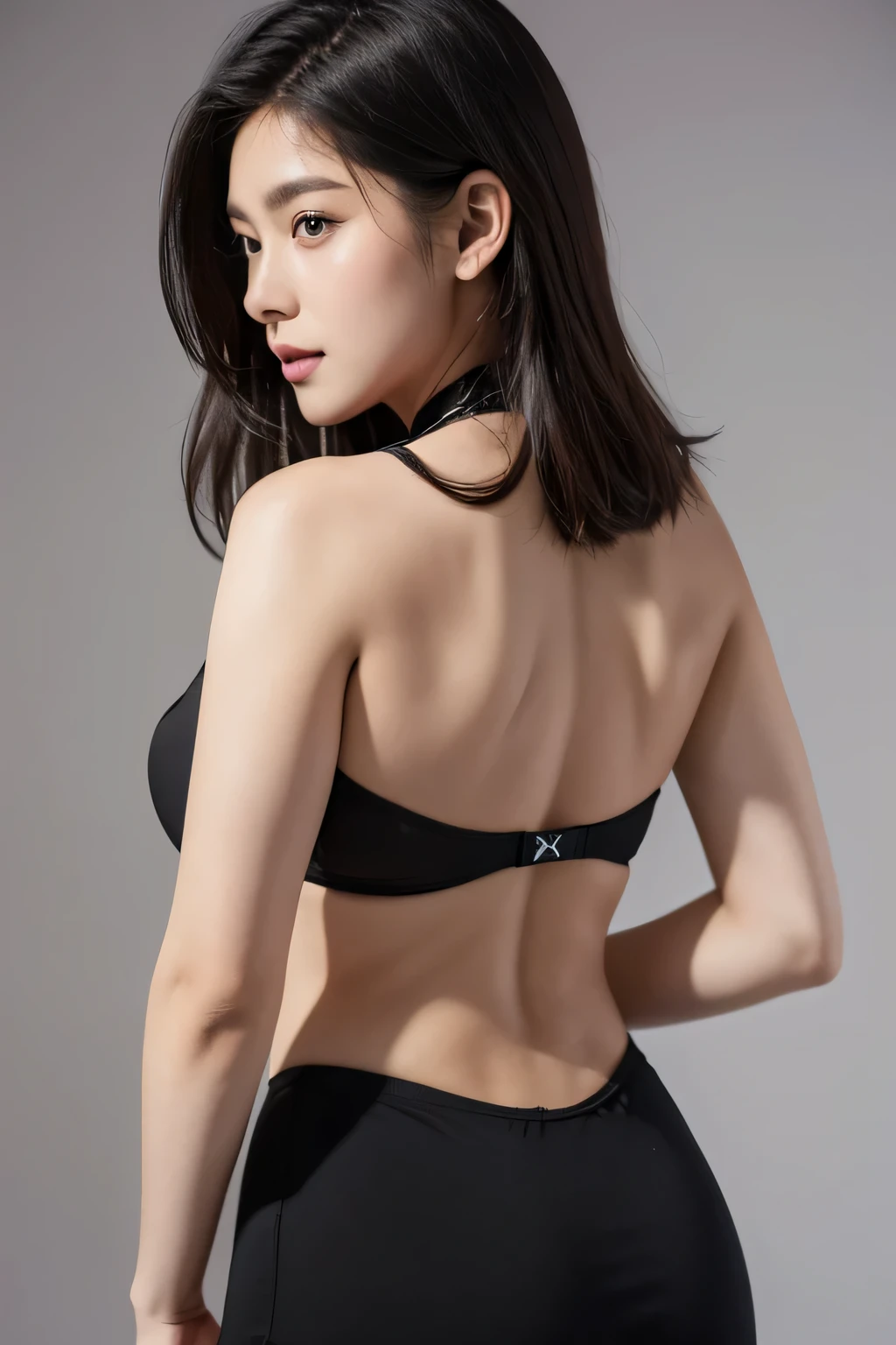 (highest quality、8k、32K、masterpiece、Hmm、:1.2)、One piece with a visible back、Beautiful woman posing for photo, Rear view, back pose, thick, teeth,Return from tone, Differences in shape tone, bob hair、22 year old Japanese woman、cute、detailed face