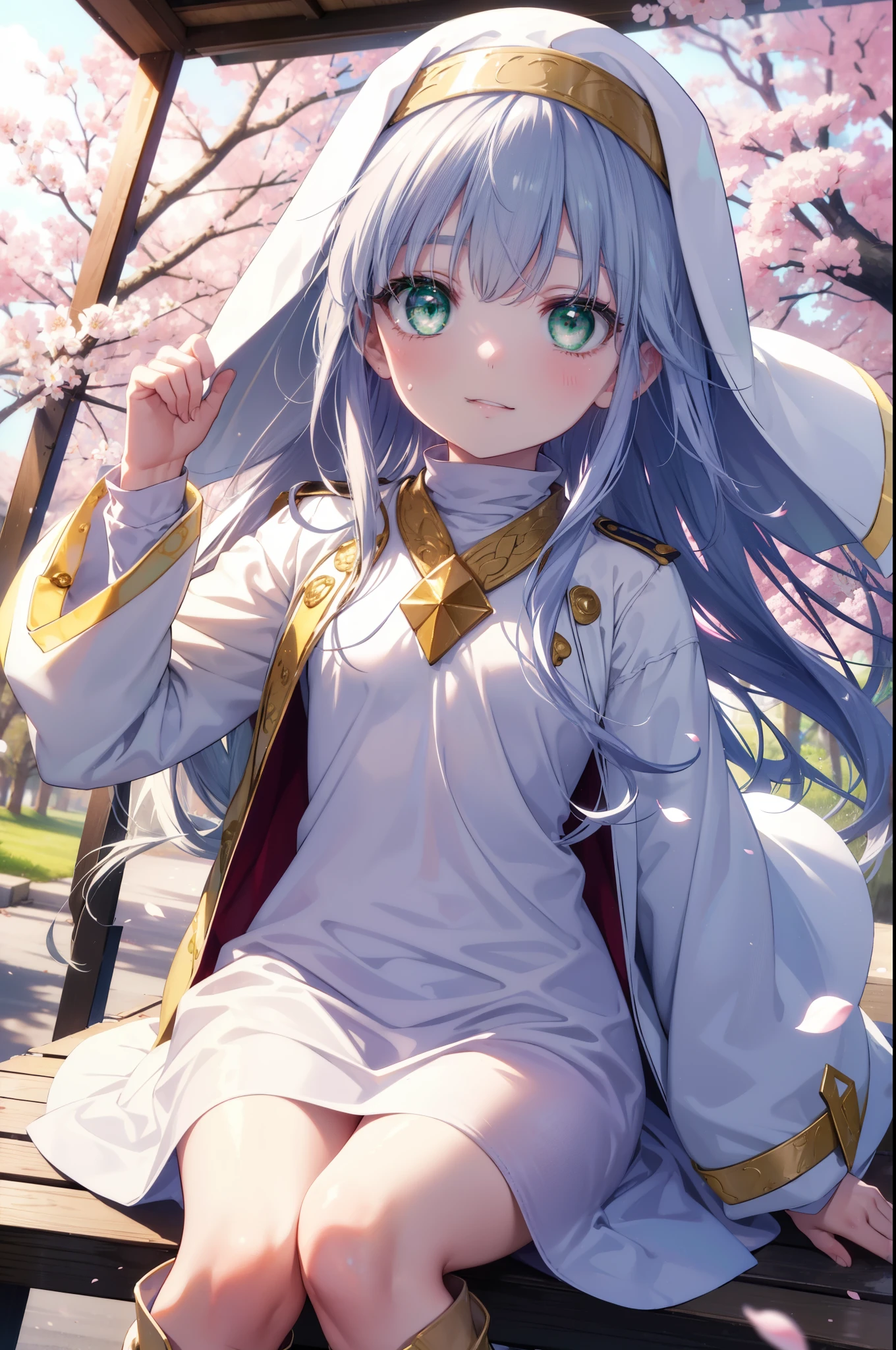 index, index, (green eyes:1.5), silver hair, long hair, (flat chest:1.2),smile,happy atmosphere,
break the habit, long sleeve, nun, robe, white robe, wide sleeve,long skirt,brown short boots,A sheet is stretched under the cherry tree,I'Iは桜の木の下でシートに座っています,food is placed on the seat,pink landscape,
壊す looking at viewer, Upper body, whole body,
rest outdoors, Demolish a park where cherry blossoms are blooming (masterpiece:1.2), highest quality, High resolution, unity 8k wallpaper, (shape:0.8), (fine and beautiful eyes:1.6), highly detailed face, perfect lighting, Very detailed CG, (perfect hands, perfect anatomy),