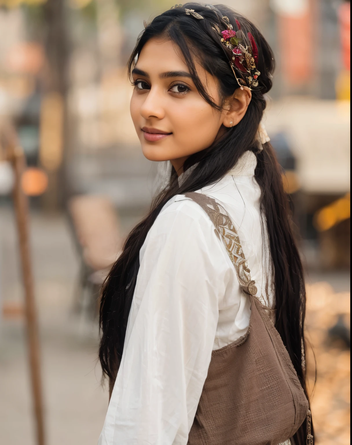 Beautiful ,23 years young Indian girl healthy, confidential looking,8k,realistic, raw photo,dark brown hair,fair skin, indian,long hair,clear facial features,, very detailed, 23years old, innocent face, natural wavy hair, high resolution, masterpiece, best quality, intricate details, highly detailed, sharp focus, detailed skin, realistic skin texture, texture, detailed eyes, professional, 4k, charming smile, shot on Canon, 85mm, shallow depth of field, kodak vision color, perfect fit body, extremely detailed, foto_\(ultra\), photorealistic, realistic, post-processing, maximum detail, roughness, real life, ultra realistic, photorealism, photography, 8k uhd, photography, black hair