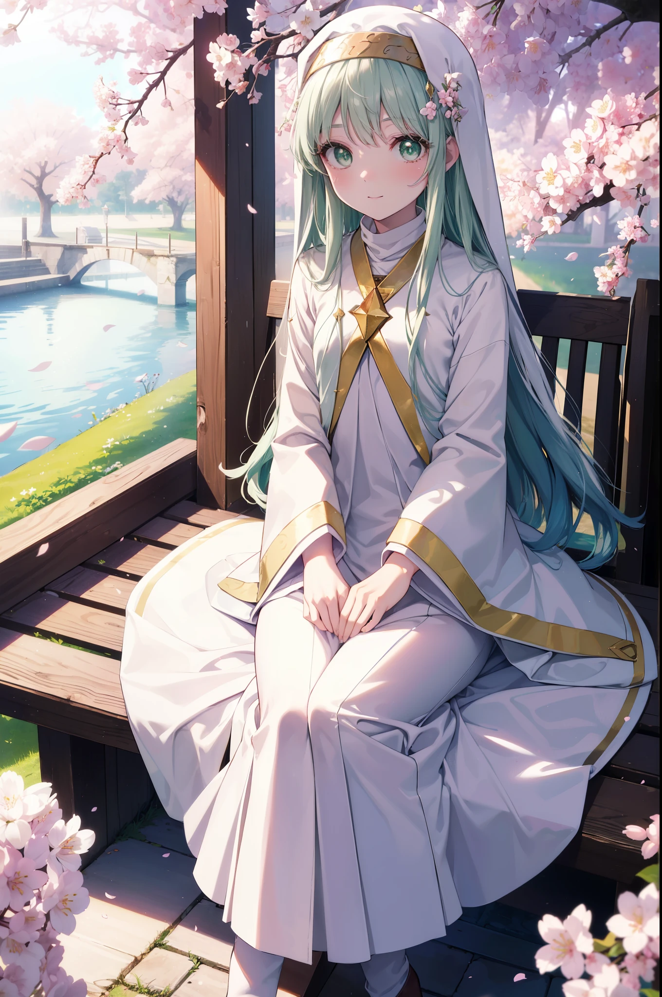 index, index, (green eyes:1.5), silver hair, long hair, (flat chest:1.2),smile,happy atmosphere,
break the habit, long sleeve, nun, robe, white robe, wide sleeve,long skirt,brown short boots,A sheet is stretched under the cherry tree,I'm sitting on a seat under a cherry tree,food is placed on the seat,pink landscape,
壊す looking at viewer, Upper body, whole body,
rest outdoors, Demolish a park where cherry blossoms are blooming (masterpiece:1.2), highest quality, High resolution, unity 8k wallpaper, (shape:0.8), (fine and beautiful eyes:1.6), highly detailed face, perfect lighting, Very detailed CG, (perfect hands, perfect anatomy),