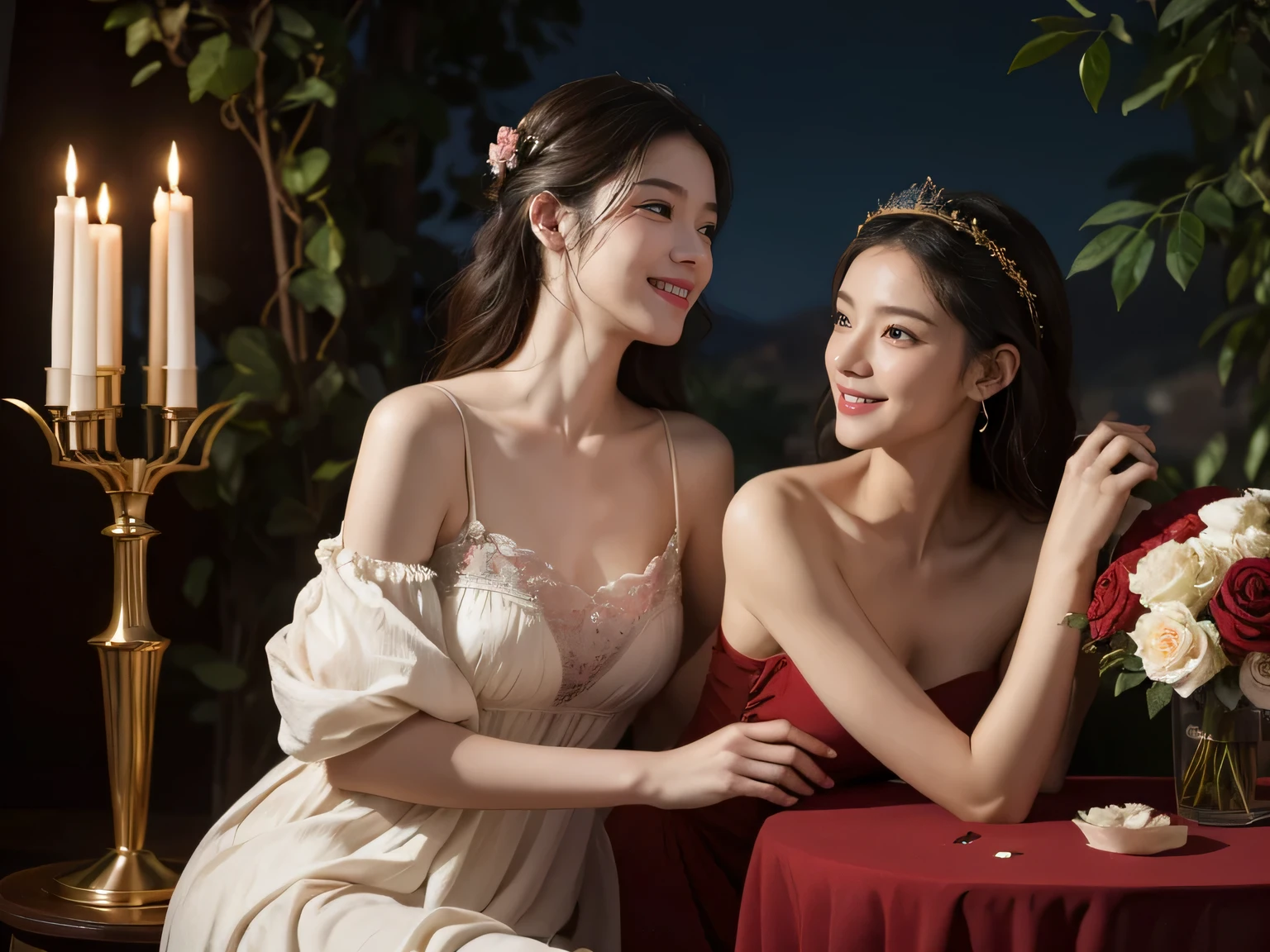 Jacques-Louis David painting style,Arguments of two female Philosophe,math、astronomical machine、astronaut、roses in vase、fruits、Cute trinkets、smile、ancient greek costume、Background is a forest lake at night 、Clothes that stretch your shoulders、A big smile、beautiful bare skin、A detailed representation of the seducing woman throughout her body.