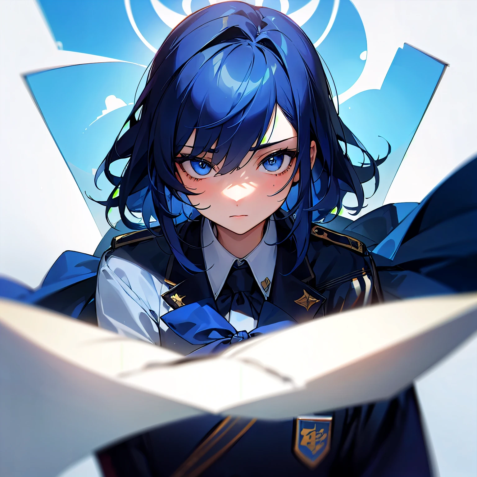 boy in late 、sharp eyes、dark blue eyes、dark blue hair、uniform、beautiful face