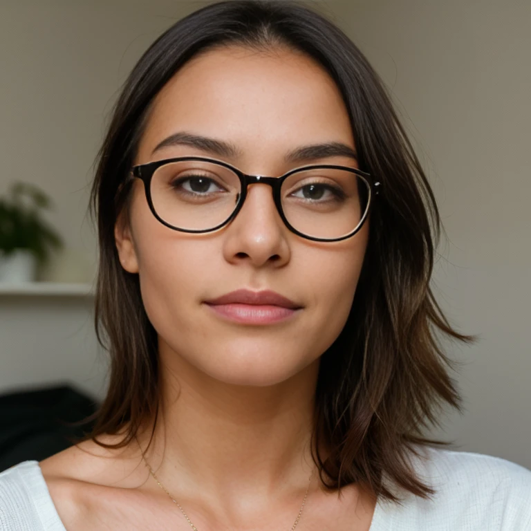 Woman with beautiful, soft, symmetric facial features in close-up portrait, wearing glasses in a bedroom setting, intricately detailed, high resolution, masterpiece, best quality, detailed skin texture, realistic, sharp focus, naturally radiant complexion, professionally captured, 4k, charming expression, shot with Canon, 85 mm lens, shallow depth of field, embracing the authenticity of real life, ultra-realistic, photorealistic, photography.