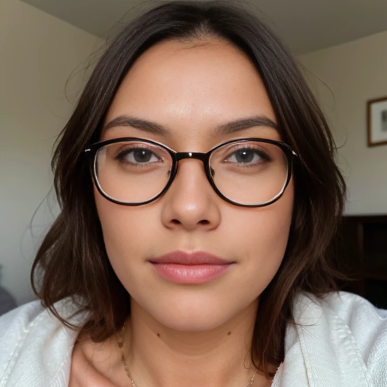 Woman with beautiful, soft, symmetric facial features in close-up portrait, wearing glasses in a bedroom setting, intricately detailed, high resolution, masterpiece, best quality, detailed skin texture, realistic, sharp focus, naturally radiant complexion, professionally captured, 4k, charming expression, shot with Canon, 85 mm lens, shallow depth of field, embracing the authenticity of real life, ultra-realistic, photorealistic, photography.