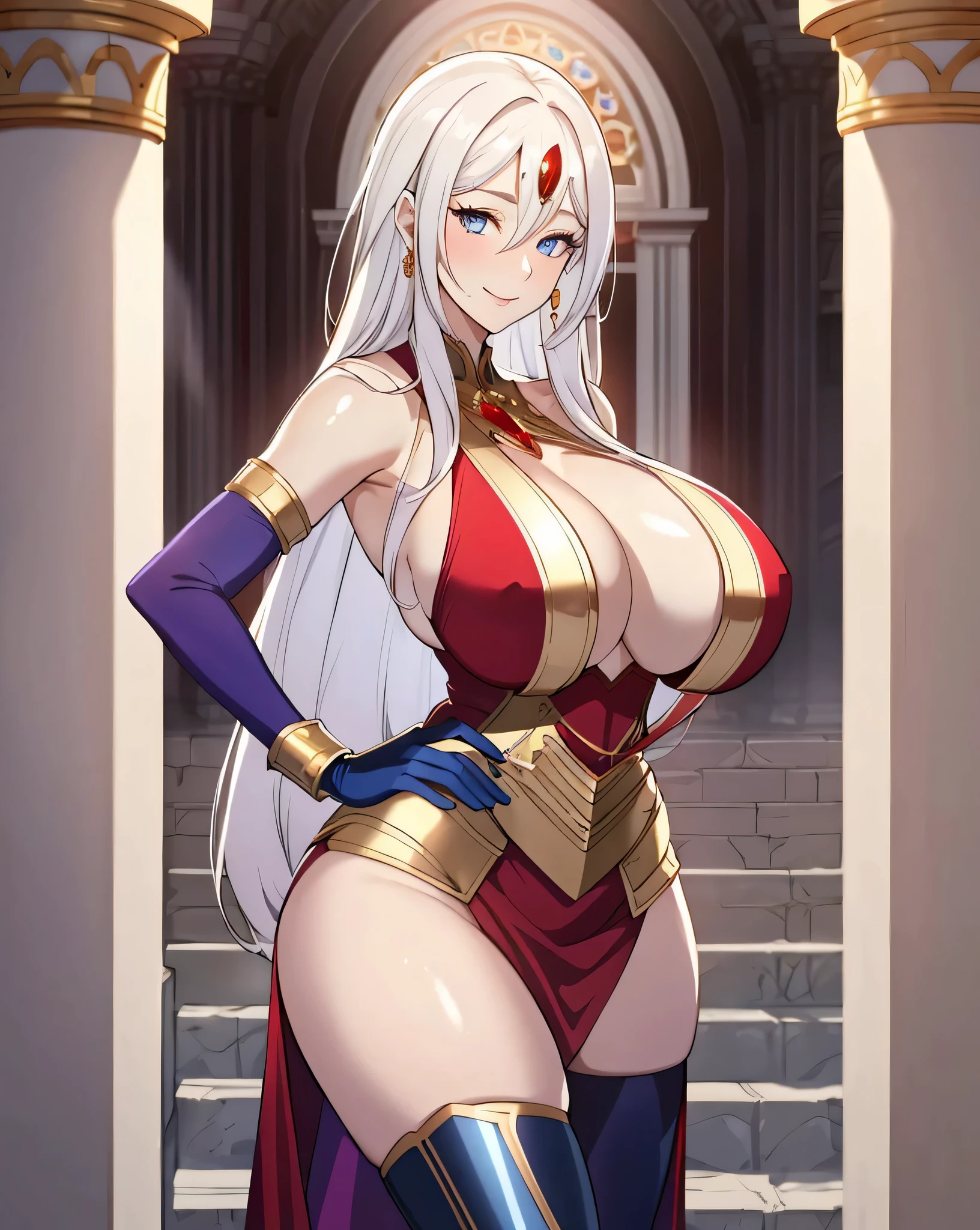 Lian, long white hair, hair stick, bangs, blue eyes, solo, smiling, standing, upper body, hips, bare shoulders,purple thighhighs, red dress, gold jewelry,armor,gloves,circlet, cleavage, red and gold royal castle, gigantic breasts, (best quality, masterpiece, beautiful and aesthetic:1.2, highest detailed face, perfect face,)  eyes, perfect face,expressive eyes,
looking at viewer, in the center of the image,(Upper_body),(Focus on her face),
official art,extremely detailed CG unity 8k wallpaper, perfect lighting,Colorful, Bright_Front_face_Lighting,shiny skin, 
(masterpiece:1.0),(best_quality:1.0), ultra high res,4K,ultra-detailed
