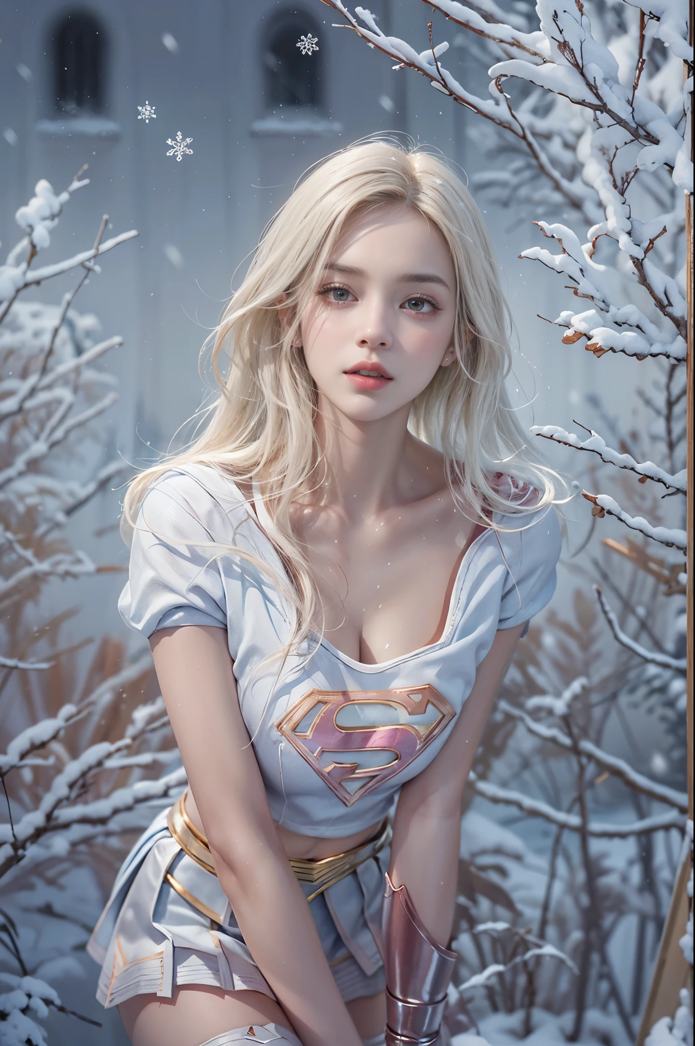 masterpiece, best quality, high quality, High definition, High quality texture, High quality shadow, high detail, beautiful detailed, finely detailed, extremely detailed cg, detailed texture, a realistic representation of the face, realistic, colorful, delicate, sharp focus, (intricate details, makeup, PureErosFace_V1:0.5), (detailed beautiful delicate face, detailed beautiful delicate eyes, a face of perfect proportion, high detailed skin, detailed skin, best ratio four finger and one thumb, skiny and thin:1.3), 1girl, 17 years old, tall, (smooth_abs:1.55), (abs:0.5), pretty, masterpiece, highres, (long_skinny_legs), (straight_legs), (skinny_waist), (((fair skin))), white skin, (((pale skin))), (Emma_watson), big_breast, (((Caucasian))), (((European))), Light blonde hair, orange Bandeau, orange short pleated skirt, standing legs apart, looking at viewer, full body, portrait of cute blonde girl, (((supergirl))), (outside,Heavy snowfall, Cover with snow), ((crop top)), showing abdomen, showing abs, ((stockings, thigh high socks)), snowfield, bloom, white fog, motion, wispy hair, realism, high-quality rendering, stunning art, high quality, film grain, Fujifilm XT3, dreamy, (((skinny thigh, thin thigh, narrow thigh)))