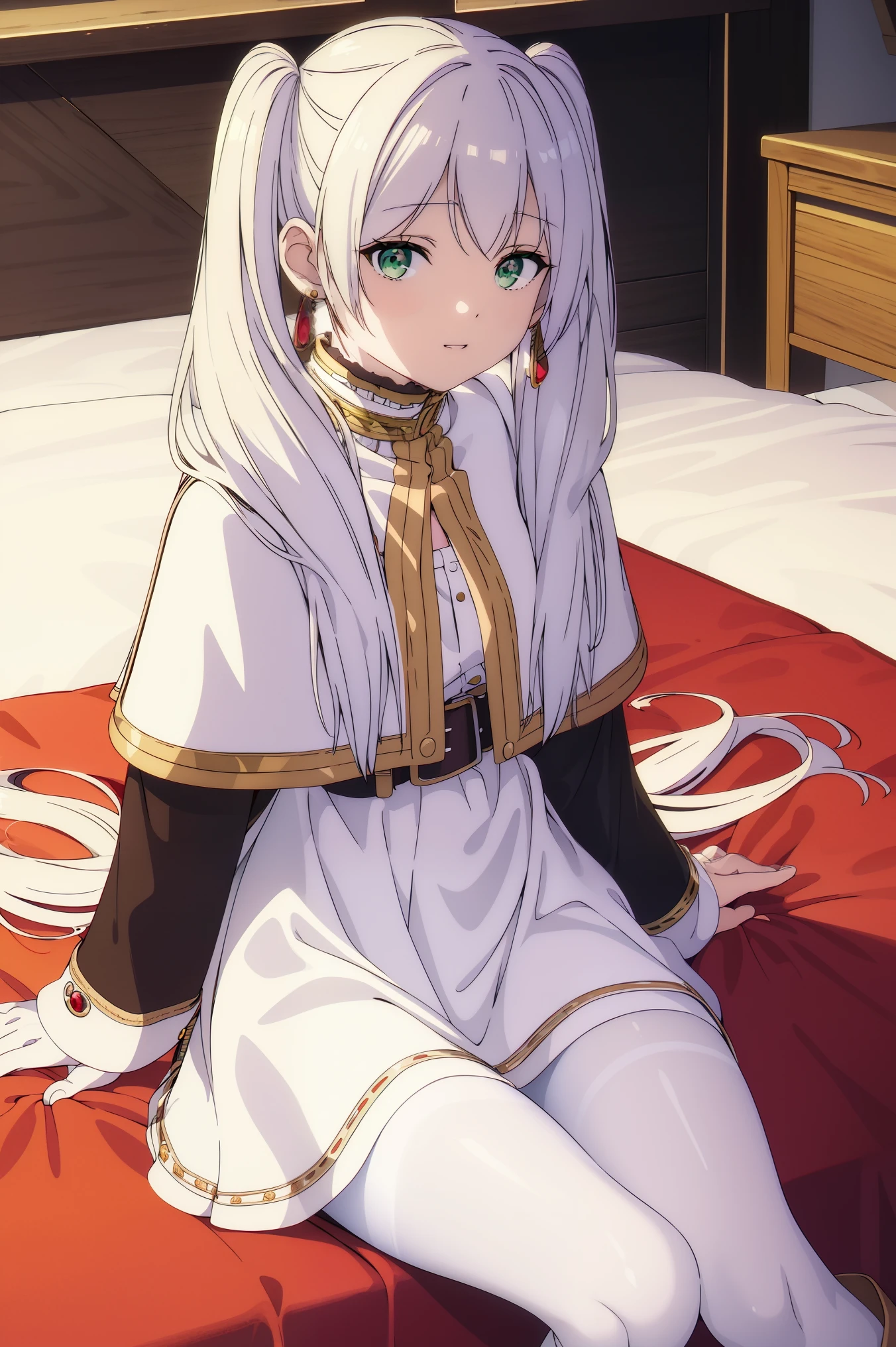 masterpiece,best quality,highres,ultra-detailed,frieren,green eyes,long hair,twintails,parted bangs,earrings,jewelry,dress,long sleeves,white capelet,belt,black pantyhose,boots,brown footwear, indoor, sitting, bed, happy,cowboy shot, legs up, white panties, showing panties 