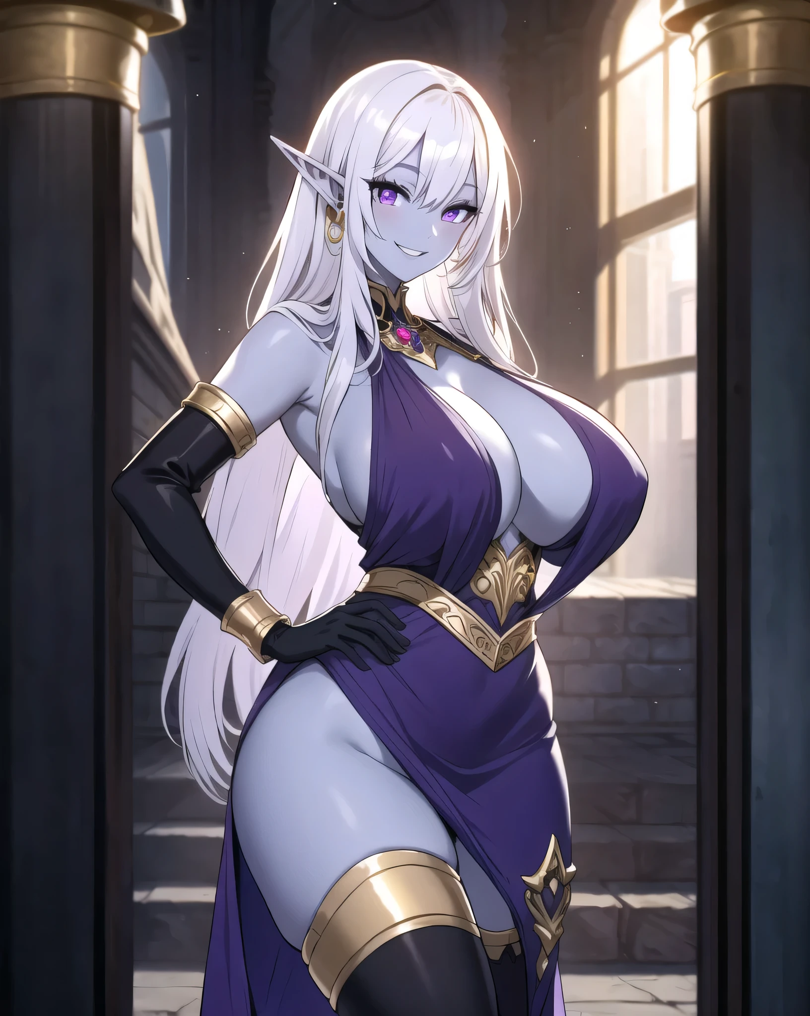 olga discordia, long white hair, long elf ears, dark elf, colored skin, blue skin, hair stick, bangs, violet eyes, solo, smiling, standing, upper body, hips, bare shoulders,purple thighhighs,violet dress, gold jewelry,armor,gloves,circlet, cleavage, red and gold royal castle, gigantic breasts, (best quality, masterpiece, beautiful and aesthetic:1.2, highest detailed face, perfect face,)  eyes, perfect face,expressive eyes,
looking at viewer, in the center of the image,(Upper_body),(Focus on her face),
official art,extremely detailed CG unity 8k wallpaper, perfect lighting,Colorful, 
(masterpiece:1.0),(best_quality:1.0), ultra high res,4K,ultra-detailed
