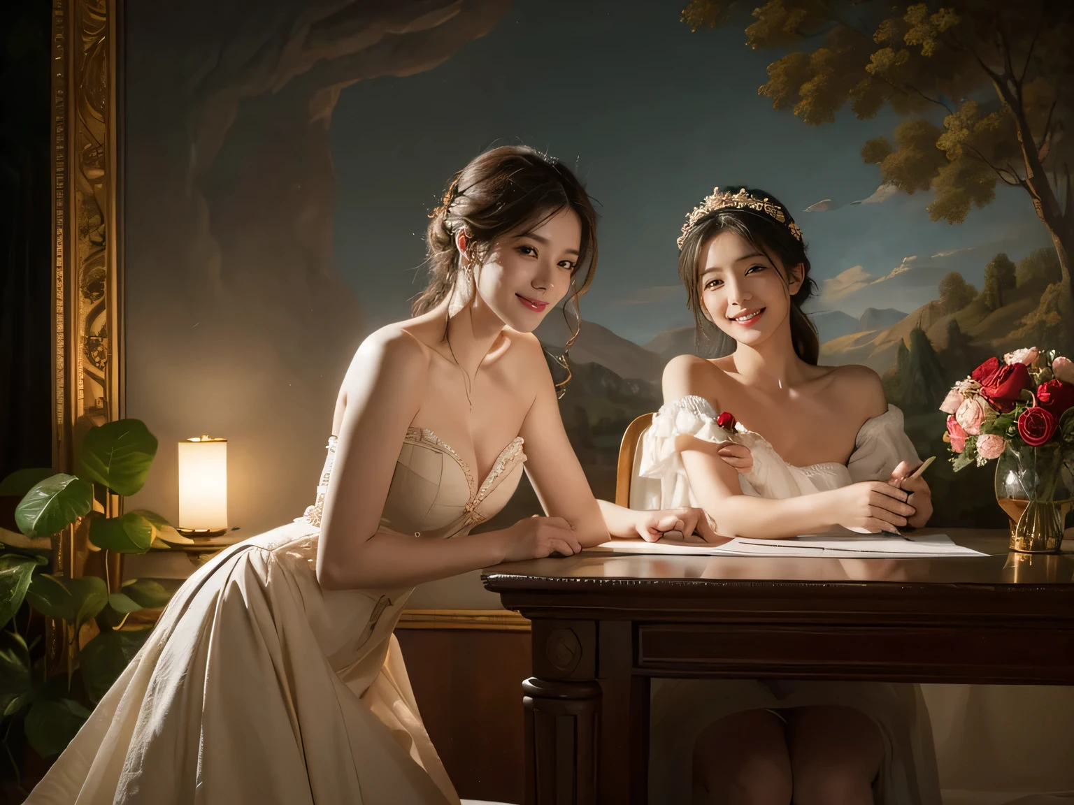Jacques-Louis David painting style,Arguments of two female Philosophe,math、astronomical machine、astronaut、roses in vase、fruits、Cute trinkets、smile、ancient greek costume、Background is a forest lake at night 、Clothes that stretch your shoulders、A big smile、beautiful bare skin、A detailed representation of the seducing woman throughout her body.